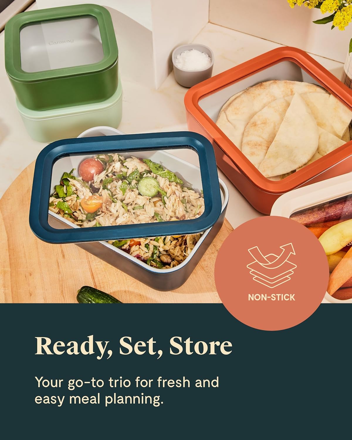 Caraway 3pc Glass Food Storage Set – 10 Cup, 6.6 Cup, & 4.4 Cup Food Containers - Ceramic Coated - Non Toxic Non Stick Lunch Box with Glass Lids - Dishwasher, Oven, & Microwave Safe - Navy