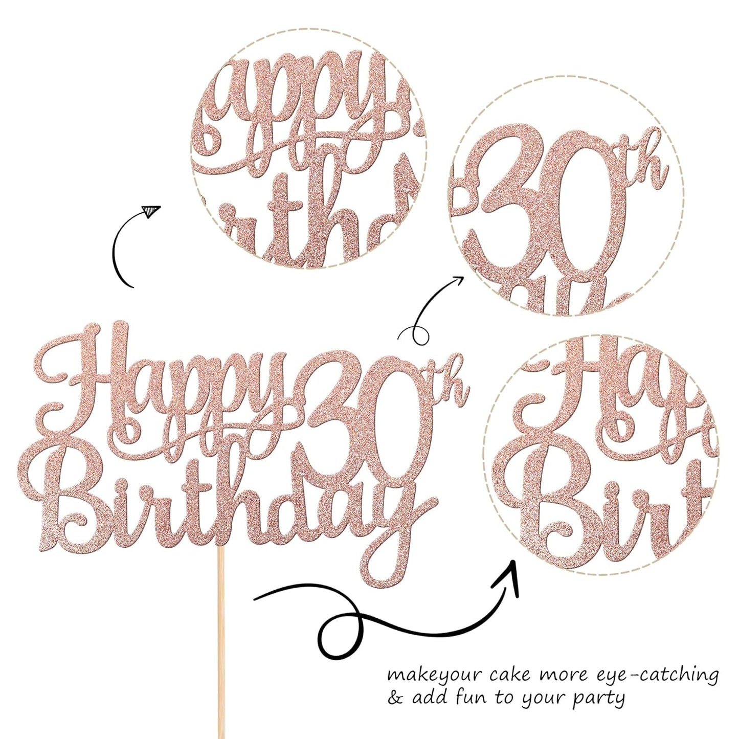 1 PCS Happy 30th Birthday Cake Topper Glitter Cheers to 30 Years Birthday Cake Pick 30 Fabulous Cake Decoration for Happy 30th Birthday Anniversary Party Decorations Supplies Rose Gold