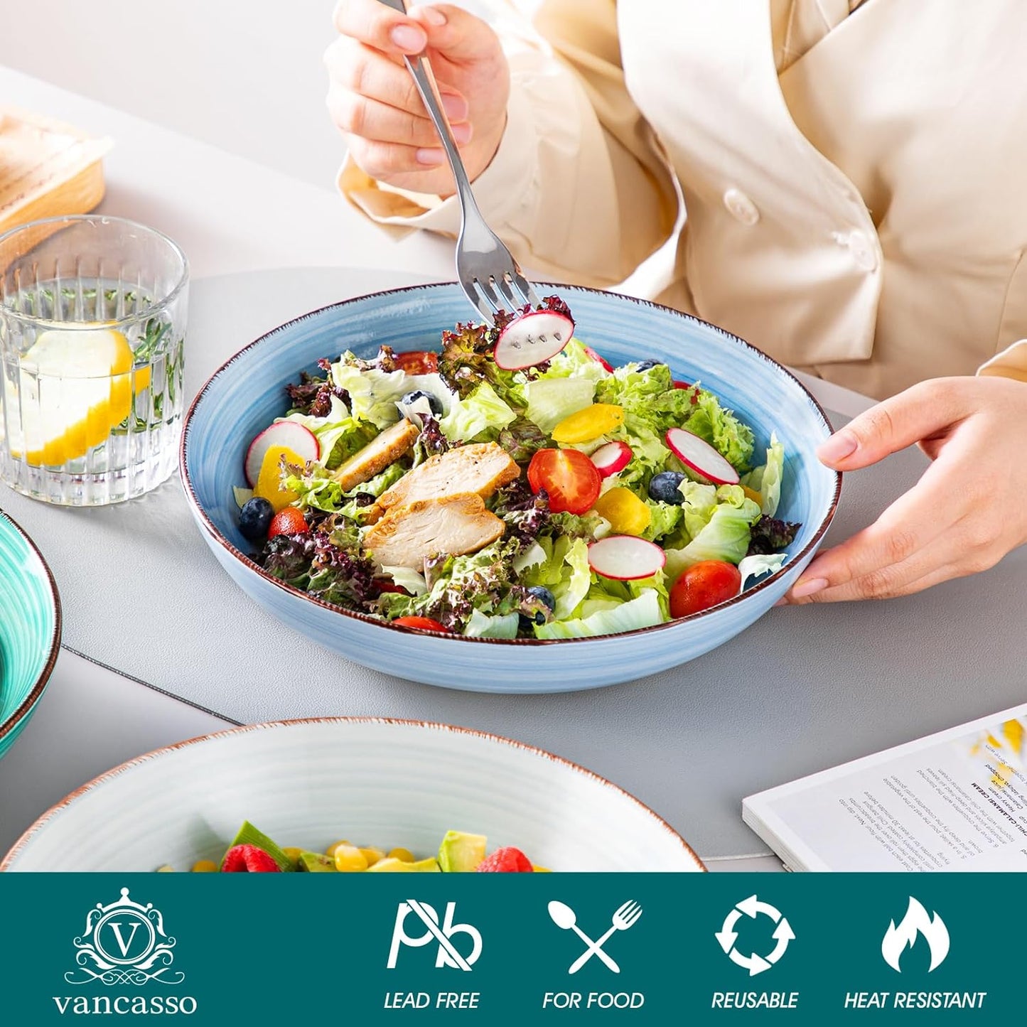 vancasso Bonita Pasta Bowls Set of 6, 50oz Large Salad Bowls for Kitchen, Stoneware Serving Bowls Dishwasher & Microwave Safe, Blue Bowl Set