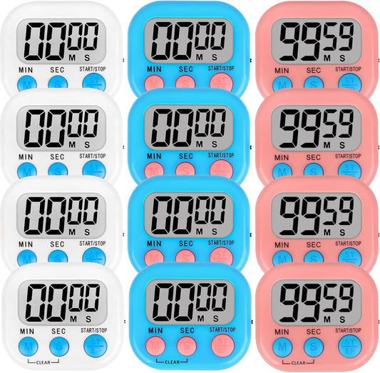 ZILLEEN 12 Pack Kitchen Timers for Cooking Digital Classroom Timers for Kids Teachers White Pink Blue