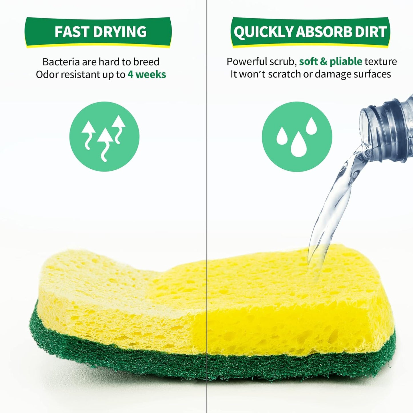 HOMERHYME Heavy Duty Cellulose Scrub Sponges, 12 Pack Dual-Sided Multipurpose Kitchen Sponge for Dishwashing, Uncoated Cookware, Sink, and Countertops