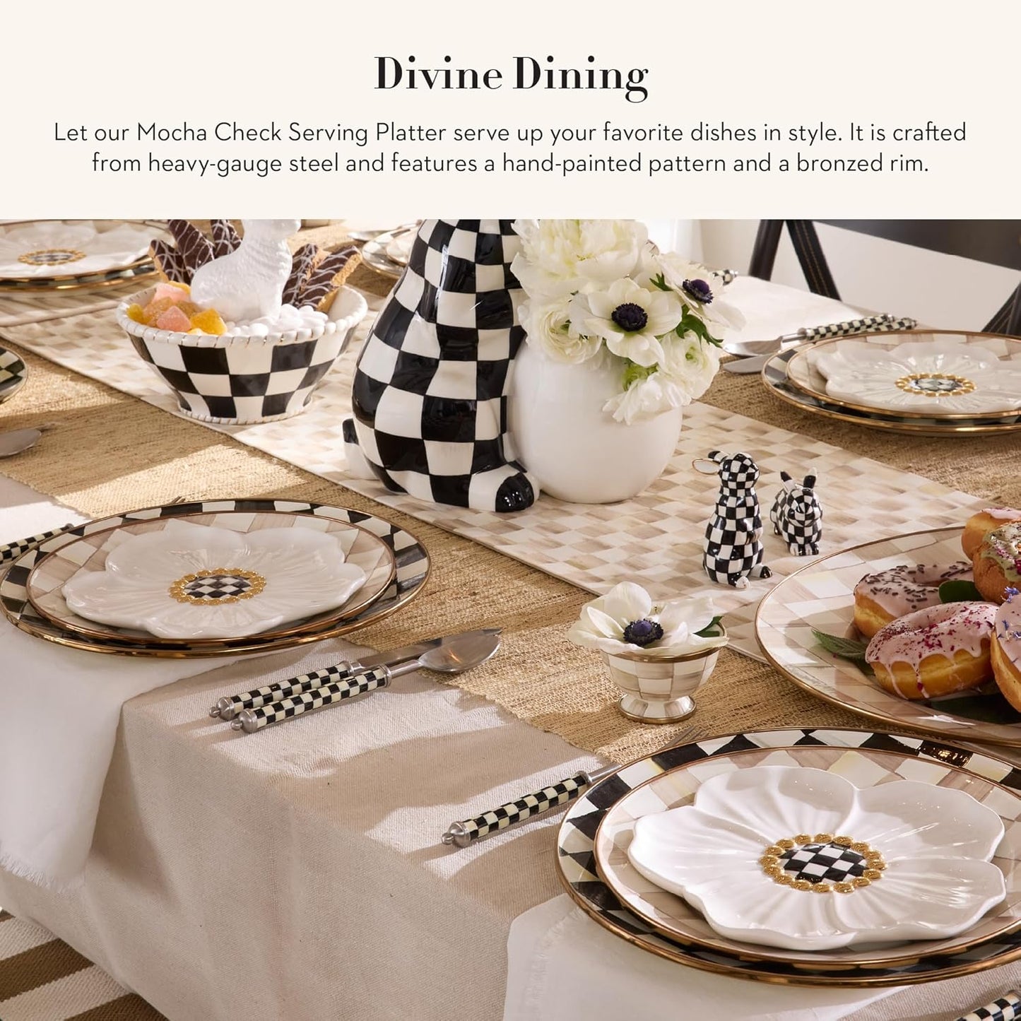 MACKENZIE-CHILDS Enamel Serving Platter, Decorative Serving Platter for Food, 16 Inches, Brown-and-White Mocha Check