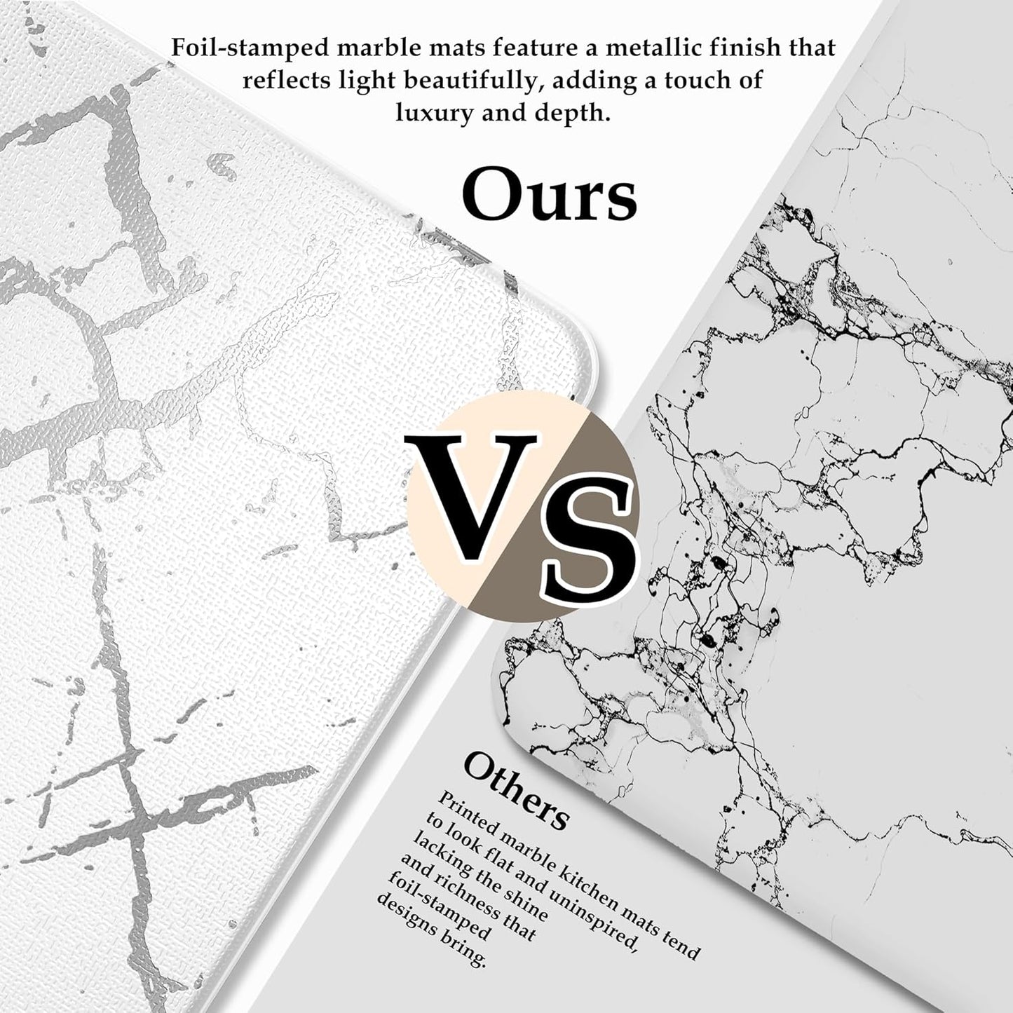 Silver Foil Stamped Marble Kitchen Mats for Floor 2PCS Cushioned Anti Fatigue Non Slip Waterproof Comfort Leather Kitchen Rugs 2/5 Inch PVC Kitchen Mats for Sink, Laundry, 17.3"x28"+17.3"x47",White