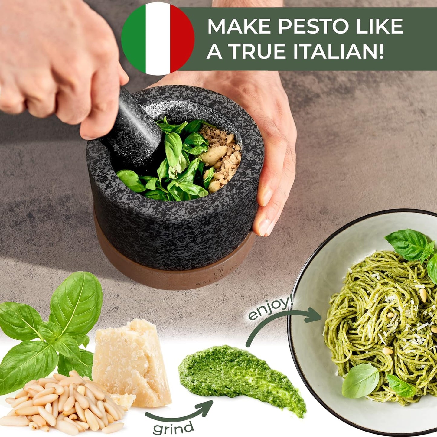 WALDWERK Mortar and Pestle - Mortar and Pestle Set with Anti-Scratch Acacia Wood Base - Mortar with Extra Large Pestle Out of Natural Granite - Large Mortar and Pestle - Perfect for Guacamole