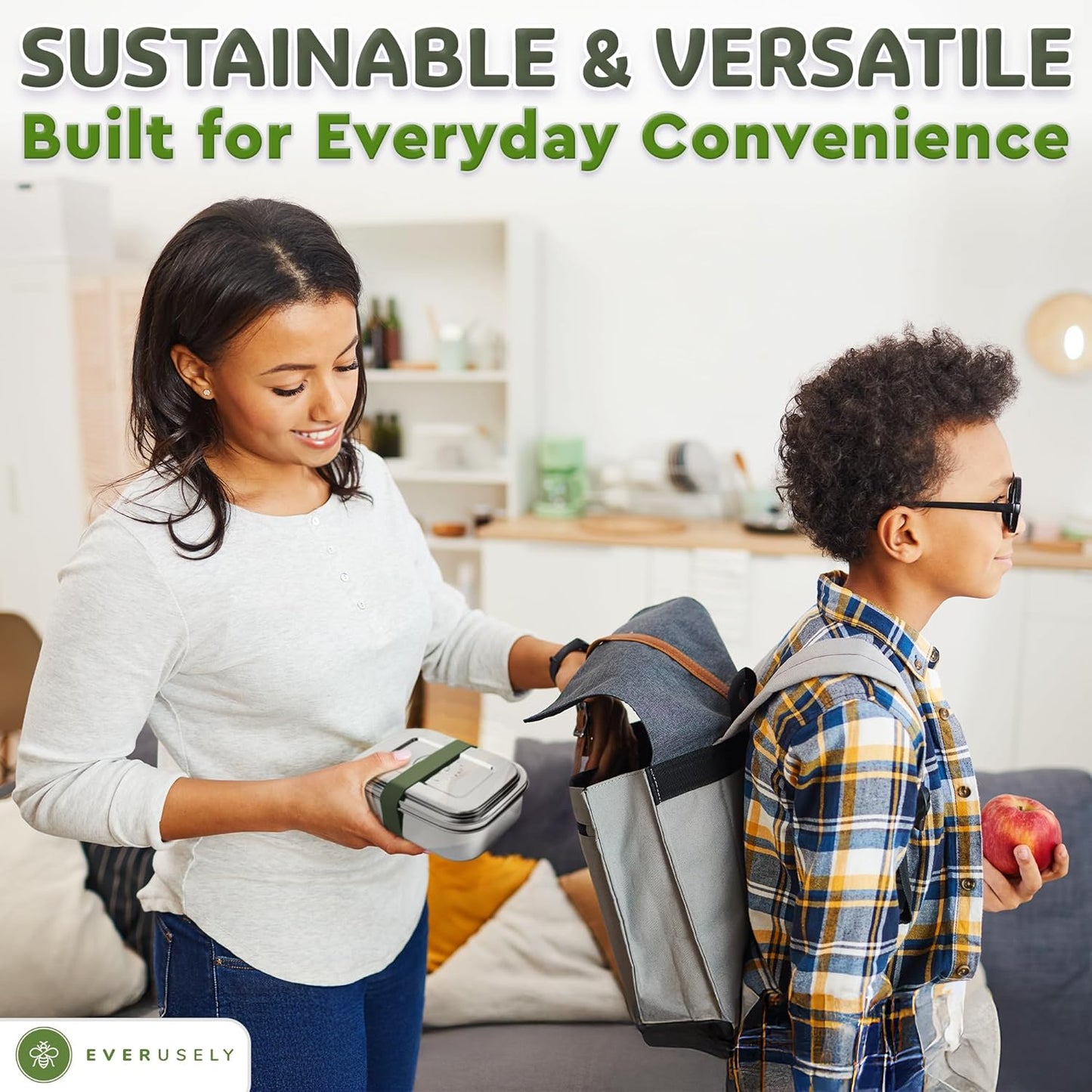 Everusely - Bento Box - Sage, 27oz / 0.8 L - Stainless Steel Lunch Box with Leakproof Condiment Container - 3 Compartment Snack Organizer for On the Go Meals - Freezer & Dishwasher Safe