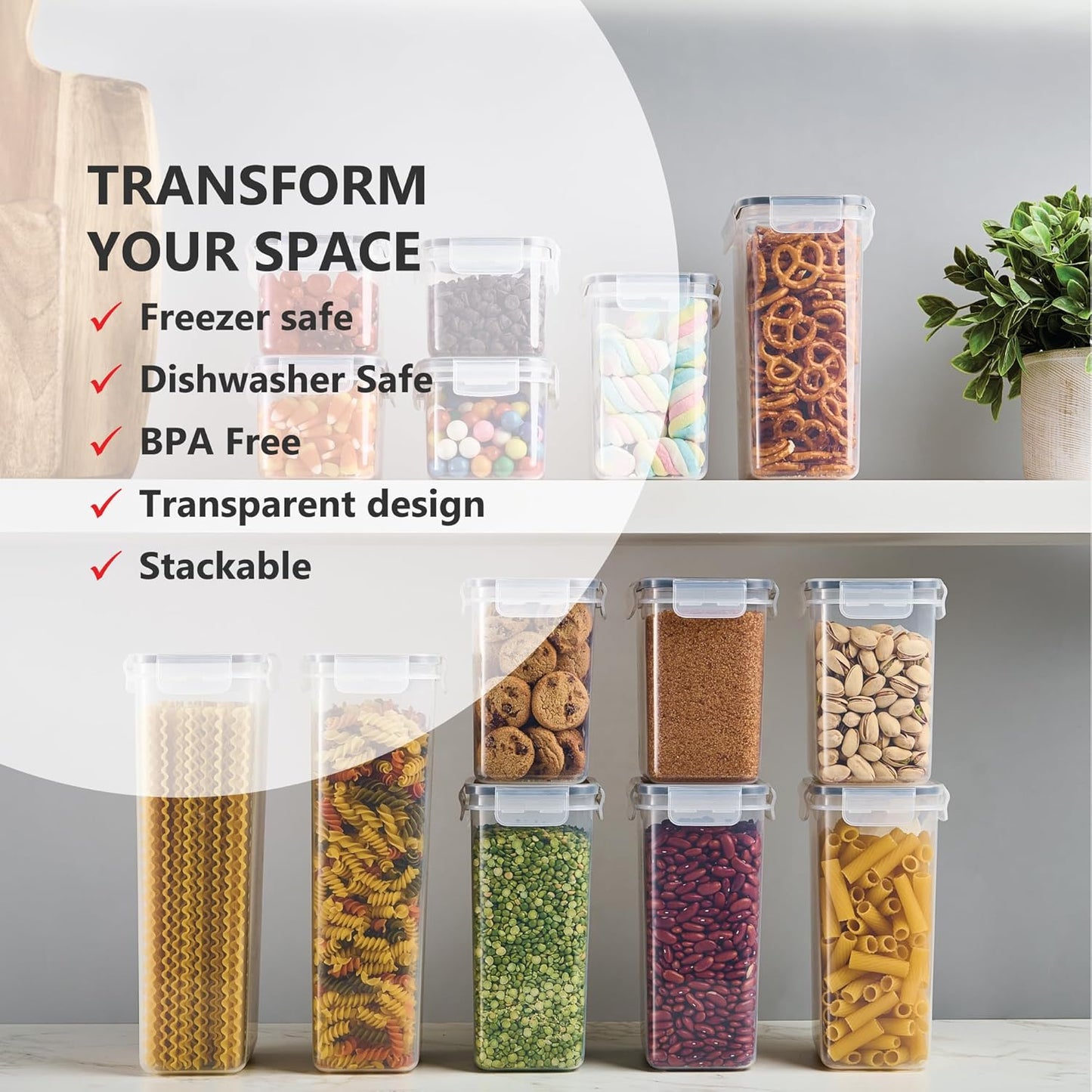 DWËLLZA KITCHEN Set of 14 Airtight Food Storage Containers for Pantry Organization and Storage - Sugar, Flour, Pasta, Spaghetti Plastic Air tight Kitchen Storage Containers With Lids, Labels & Marker