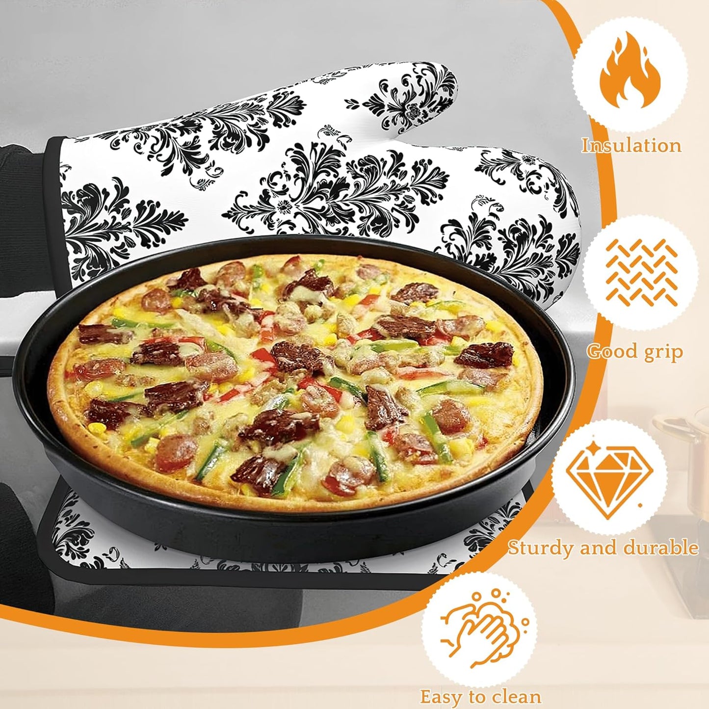 Vintage Damask Floral Oven Mitts and Pot Holders,Heat Resistant Oven Mitts Gloves and Pot Holder for Home Kitchen Decorations Cooking Baking BBQ Gifts,Set of 4