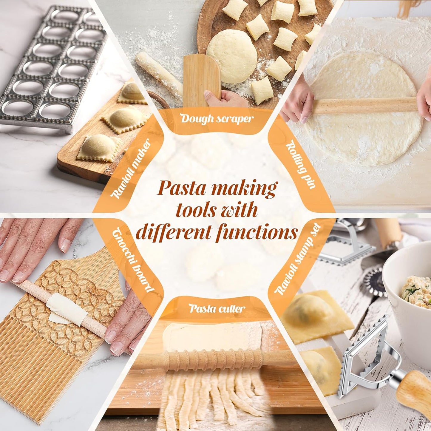 Tioncy 9 Pcs Pasta Making Tool Ravioli Gnocchi Maker Set Include Ravioli Mold Wooden Cutter Rolling Pin Gnocchi Board Wood Stick Dough Scraper Pasta Stamps(Pattern Style)