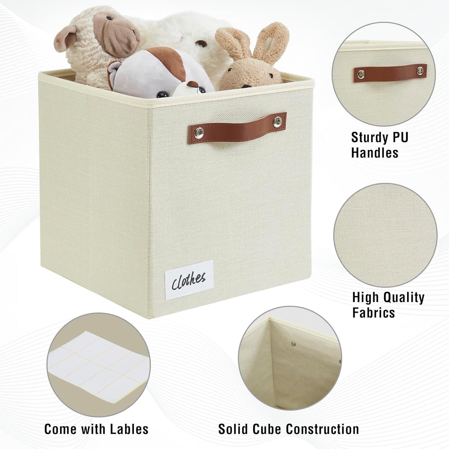 Collapsible Fabric Storage Cube Bins with 2 Reinforced PU Handles, Foldable Storage Organizer Baskets for Closet, Shelves, Living Room | 11"x11"x11", 4 Pack, Full Beige