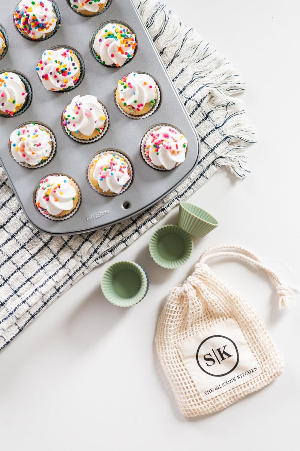 The Silicone Kitchen Reusable Silicone Baking Cups Gift Set Bundle, 24 Regular, 12 Jumbo, 24 Mini, Blue, Green, White