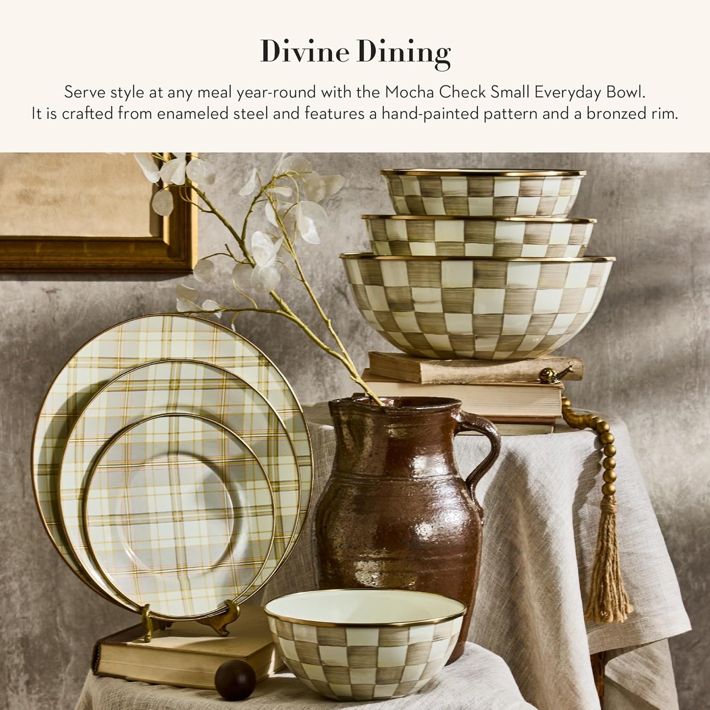 MACKENZIE-CHILDS Enamel Everyday Bowl, Serving Bowl for Entertaining, Small, Brown-and-White Mocha Check