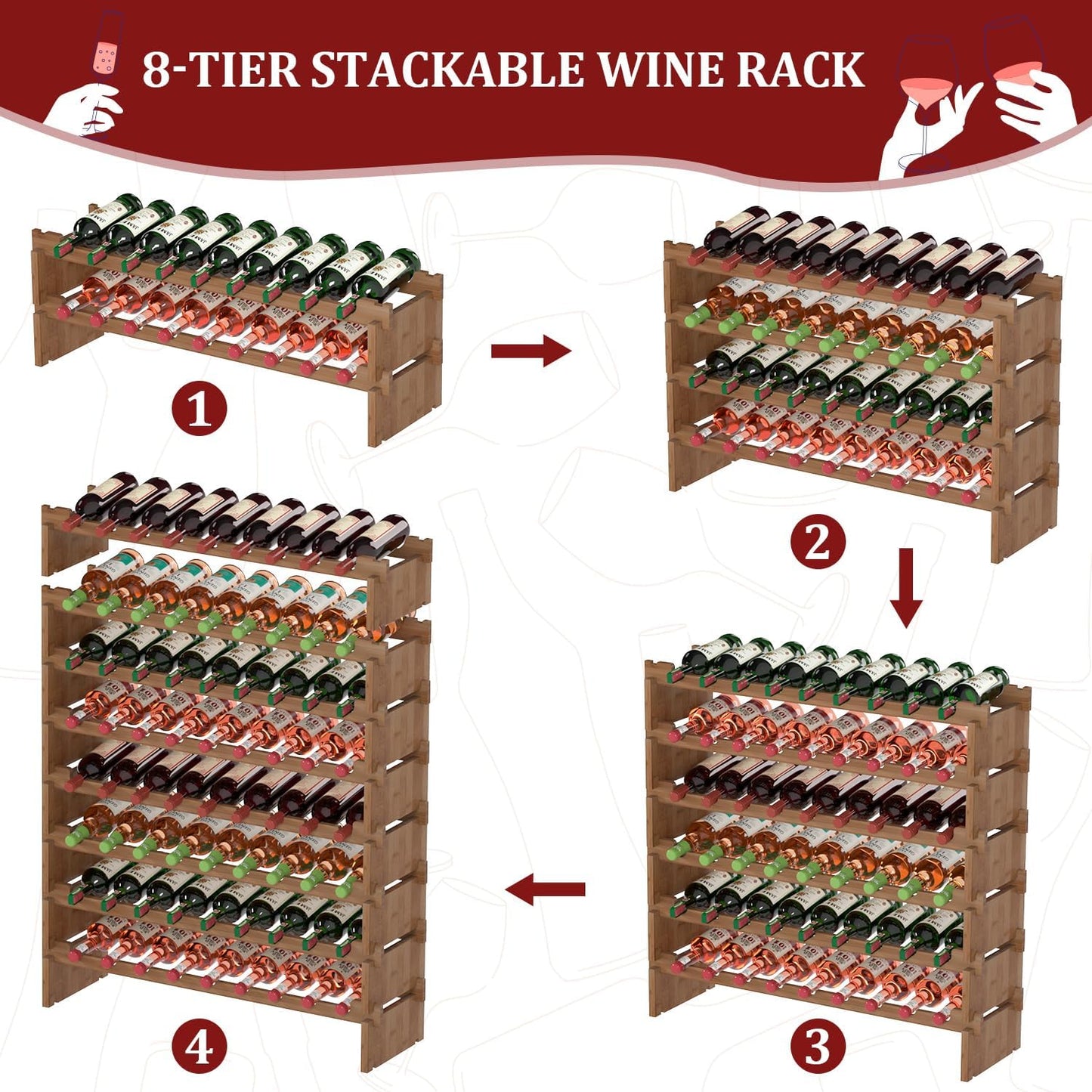 Domax Wine Rack Freestanding Floor - 72 Wine Bottle Holder 8 Tier Stackable Bamboo Wooden Storage Racks for Kitchen, Bar, Pantry and Cellar (Walnut)