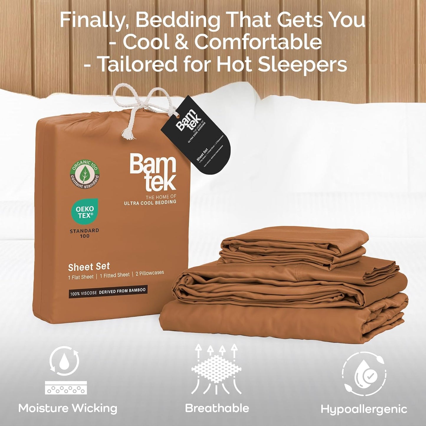 100% Viscose from Bamboo Sheets Queen Size, Super Soft Bedding Set, 4PC Cooling Sheets for Hot Sleepers, Vegan Silk Moisture Wicking, Organically Grown Bedsheet, Almond - 60" x 80"