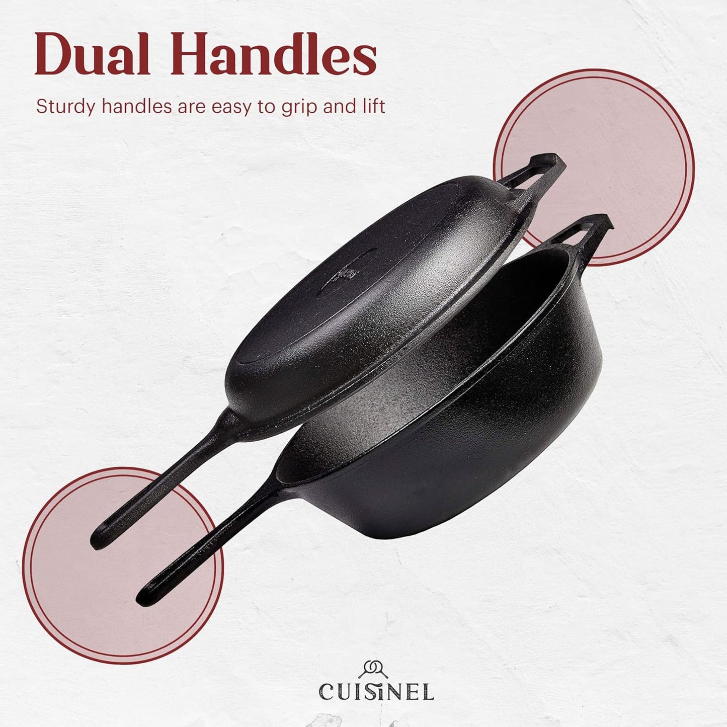 Cuisinel Cast Iron 2-In-1 Multi Cooker - 3-Quart Dutch Oven and Skillet Lid Set Oven Safe Cookware + Black Pan Scraper - Use As Dutch Oven and Frying Pan - Indoor and Outdoor Use - Grill, Stovetop