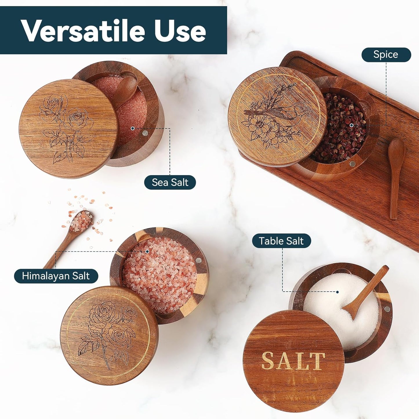 Salt Cellar, 2PCS Salt Container Acacia Wood Salt and Pepper Box for Countertop with Built-in Spoon & Swivel Lid, Wood Salt Holder Bowl for Kitchen, Seasoning Storage (Rose & SALT Engraving)