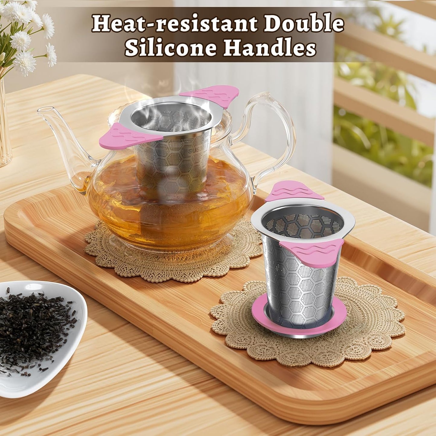 Tea Infuser for Loose Leaf Tea,18/8 Stainless Steel Tea Infuser with Heat Proof Silicone Handles,Extra Fine Mesh Tea Strainers Filter Fine Tea Leaves Effectively,Fits TeaPots/Mugs-Pink
