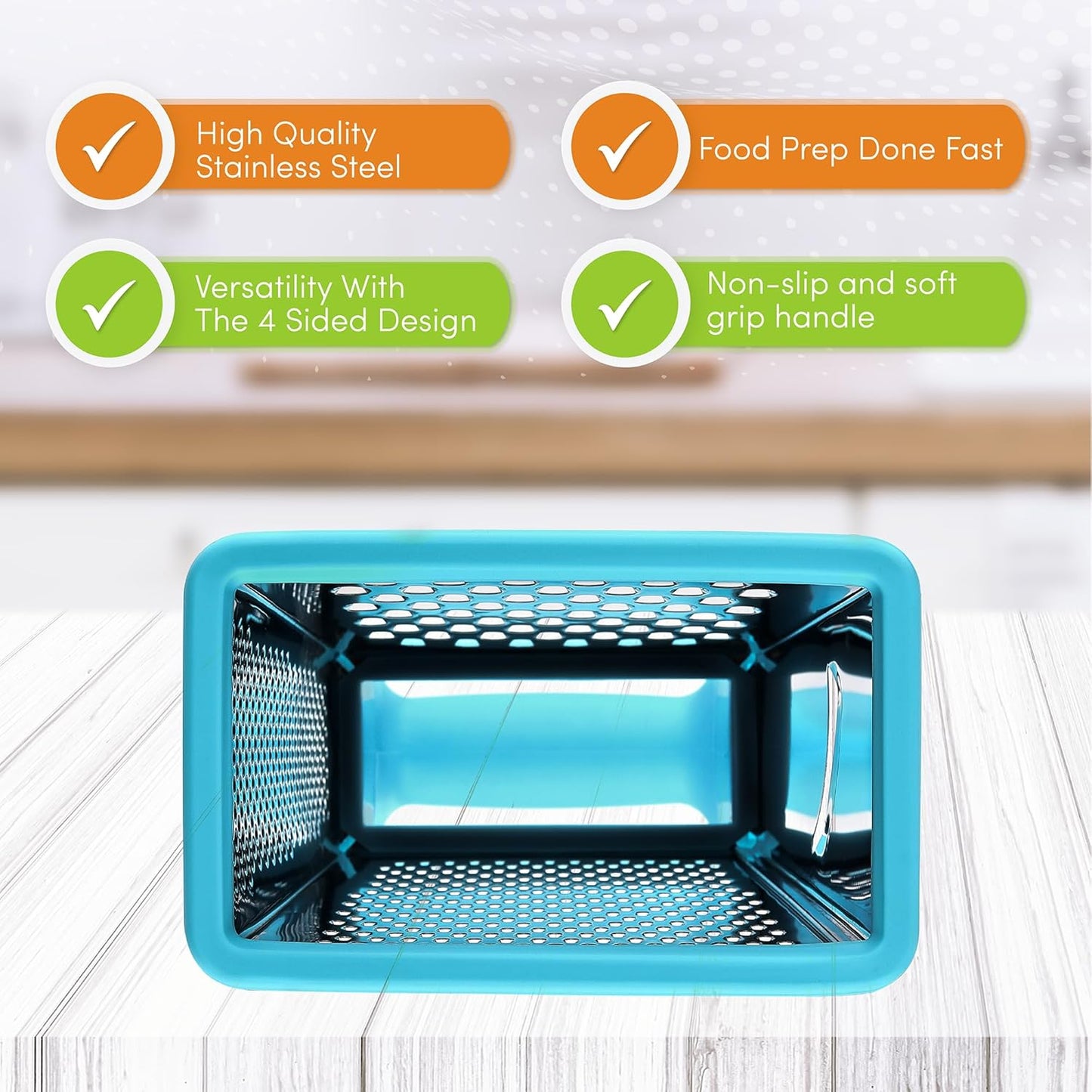 Spring Chef Professional 10" Stainless Steel Parmesan Cheese Grater with Handle, 4 Sided Handheld Box Grater, Kitchen Food Shredder for Potato, Cheese, Ginger, Veggie - Aqua Sky