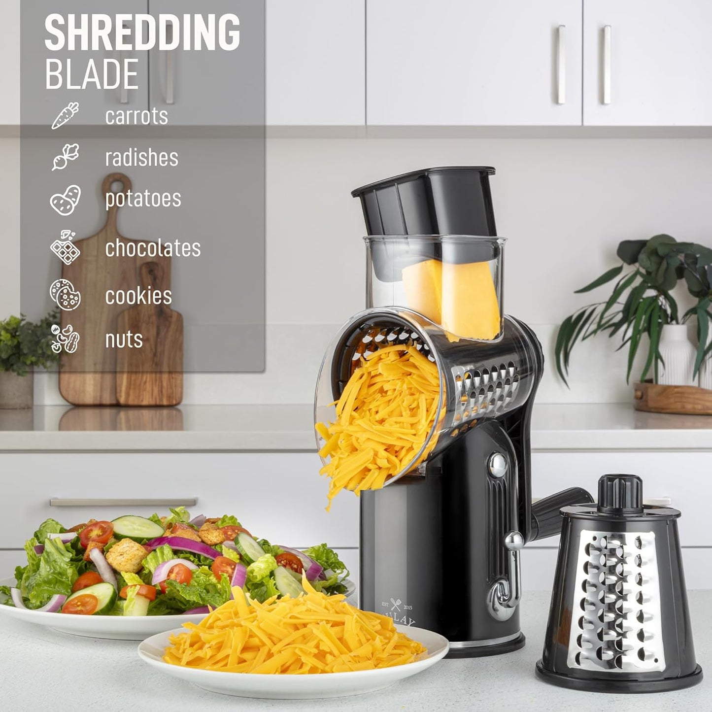 Zulay Kitchen Rotary Cheese Grater 5 Blade Cheese Shredder - Manual Hand Crank Cheese Grater With Reinforced Suction & 5 Interchangeable Drums - Easy to Use, Vegetable Chopper Round Mandoline Slicer