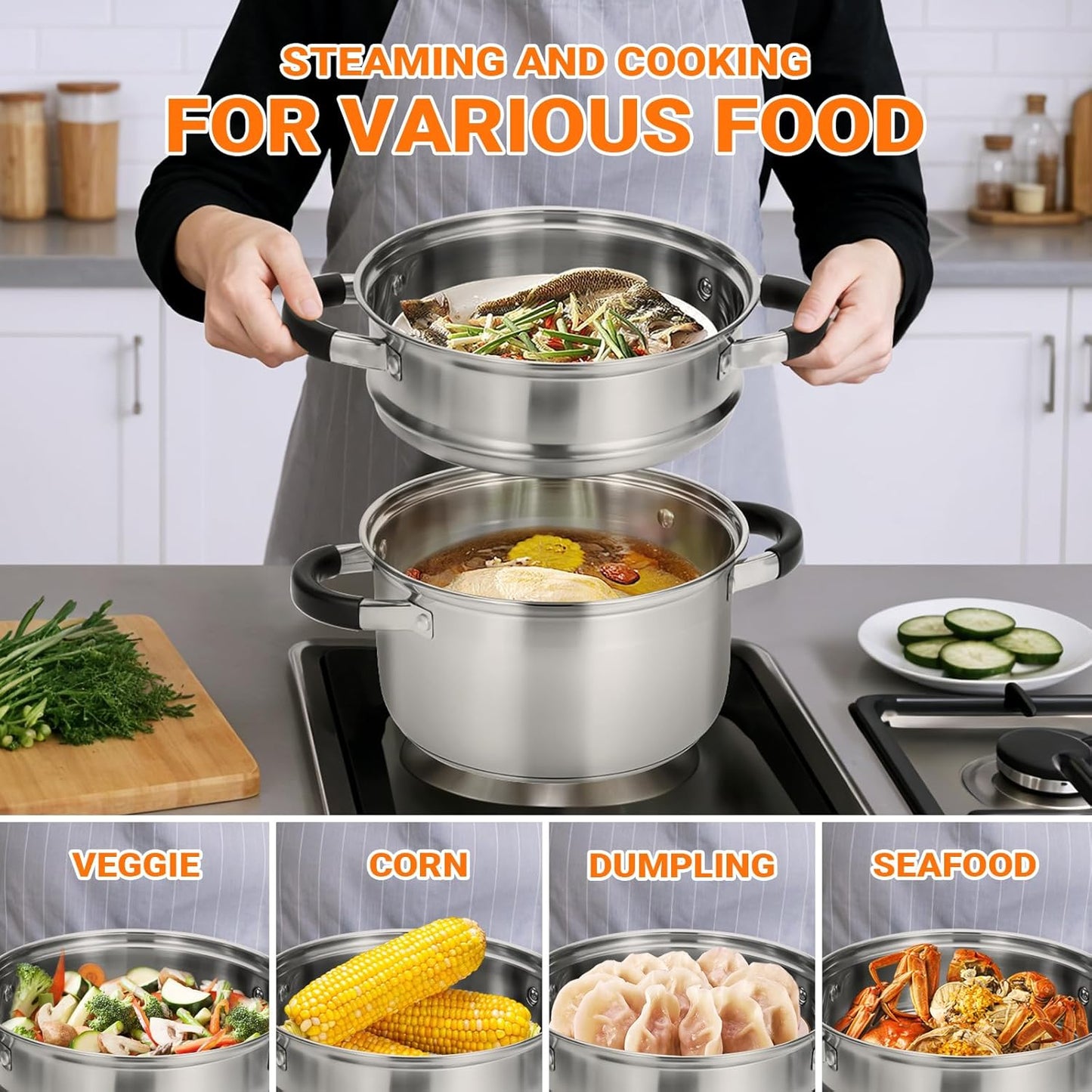 Kirecoo 3.2QT Steamer for Cooking - Stainless Steel Steam Pot with Steamer Basket, Cooking Stock Pot with Silicone Handle, Lid for Vegetable, Dumplings, Soup, Food, 3Ply Bottom Boiling Stew Cookware