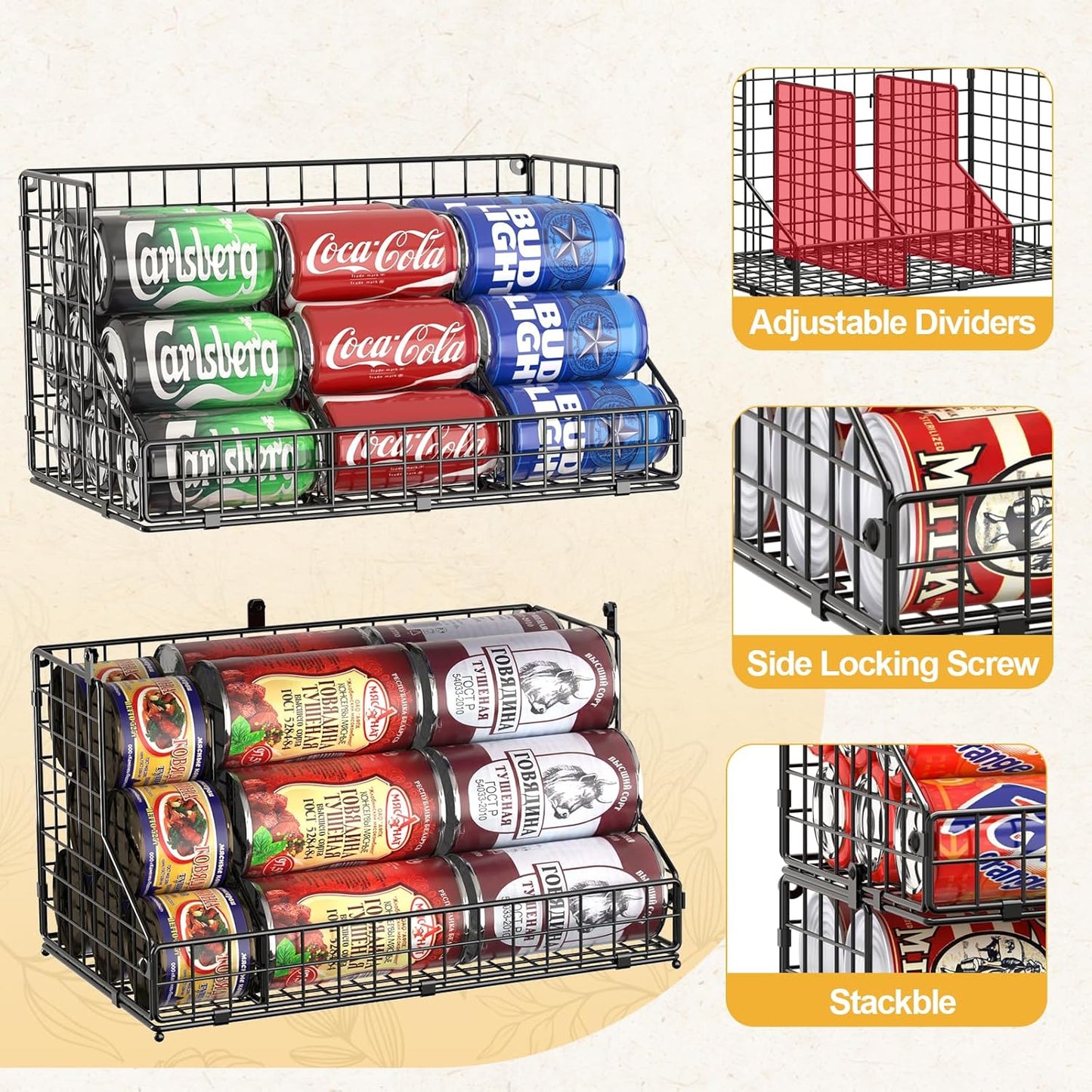 Stackable Can Organizer for Pantry,2 Tier Soda Can Organizer with 4 Adjustable Dividers Holds 42 Cans,Can Storage Rack Holder for Canned Goods,Can Dispenser for Refrigerator,Fridge,Countertop,2 Pack