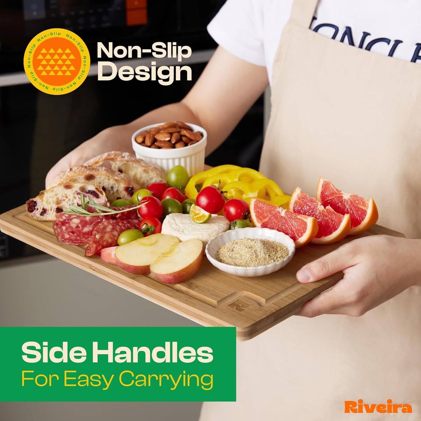 Riveira Brown Bamboo Wood Cutting Board – Gourmet Bamboo Grandeur: 24 x 18 Wooden Cutting Board – Wooden Cutting Boards For Kitchen Decorative – Innovative Juice Grooves Wooden Chopping Board