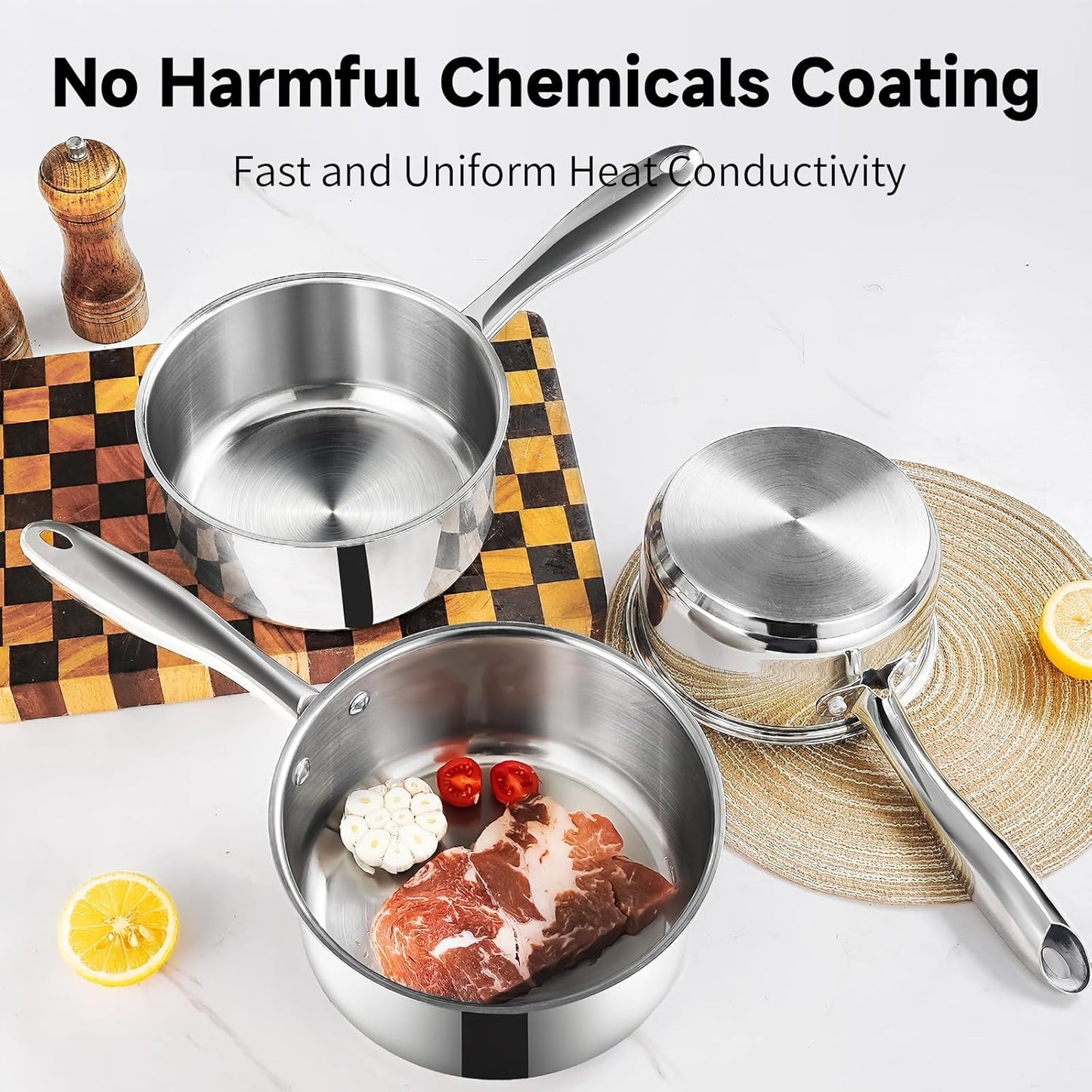 1Qt & 2Qt Stainless Steel Sauce Pan Set with Lid,4 Pcs Non Stick Saucepan,Small Kitchen Pots,Induction Compatible,PFOA FREE