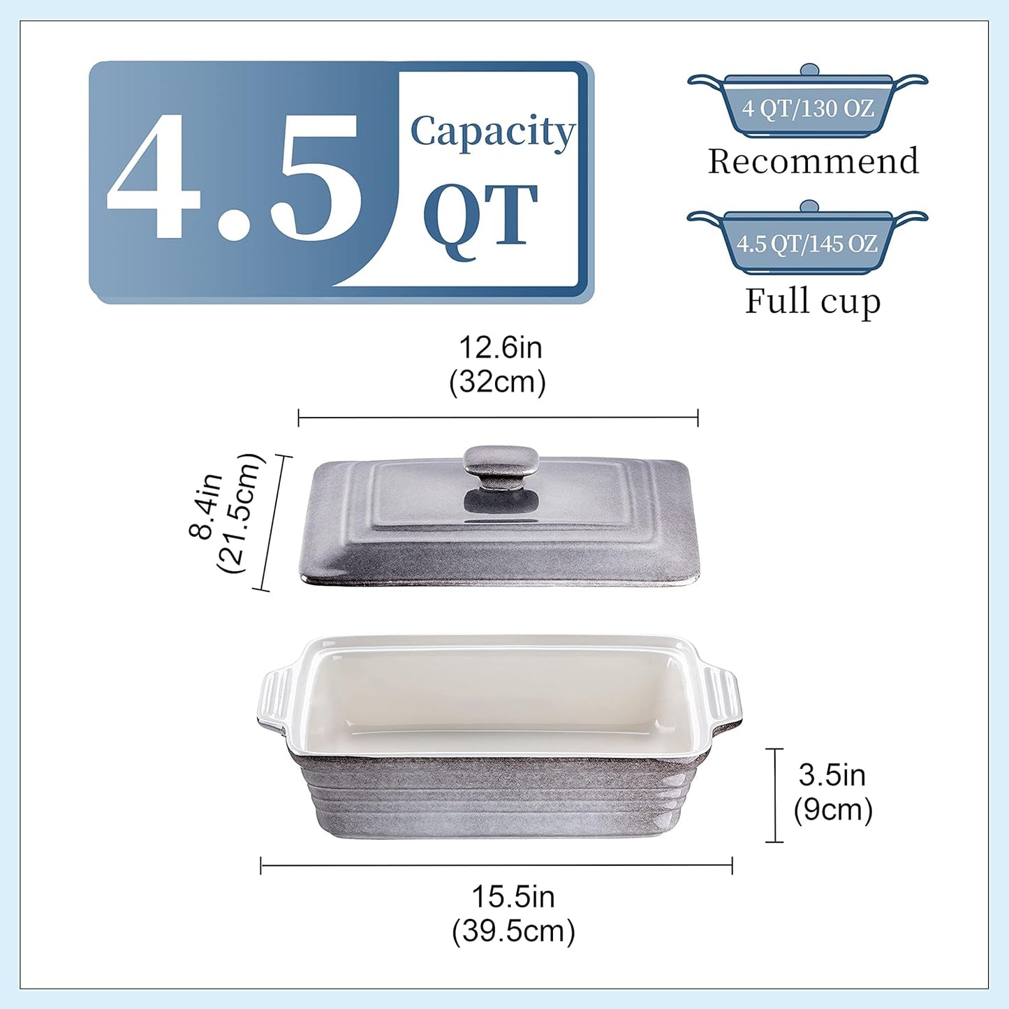 LOVECASA 4.5 Quart Ceramic Casserole Dish with Lid, 9x13 Baking Dish for Oven, Lasagna Pan Deep with Handles, Stoneware Bakeware, Oven & Dishwasher Safe, Grey