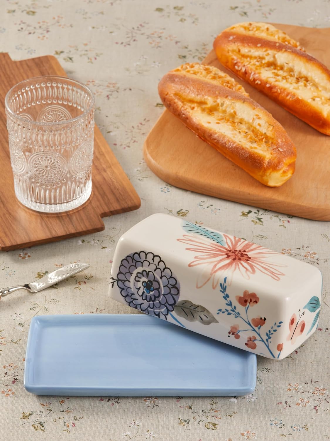 Bico Blossom Symphony Ceramic Butter Dish with Lid, Wide Butter Keeper for Counter, Kitchen Countertop, Microwave and Dishwasher Safe