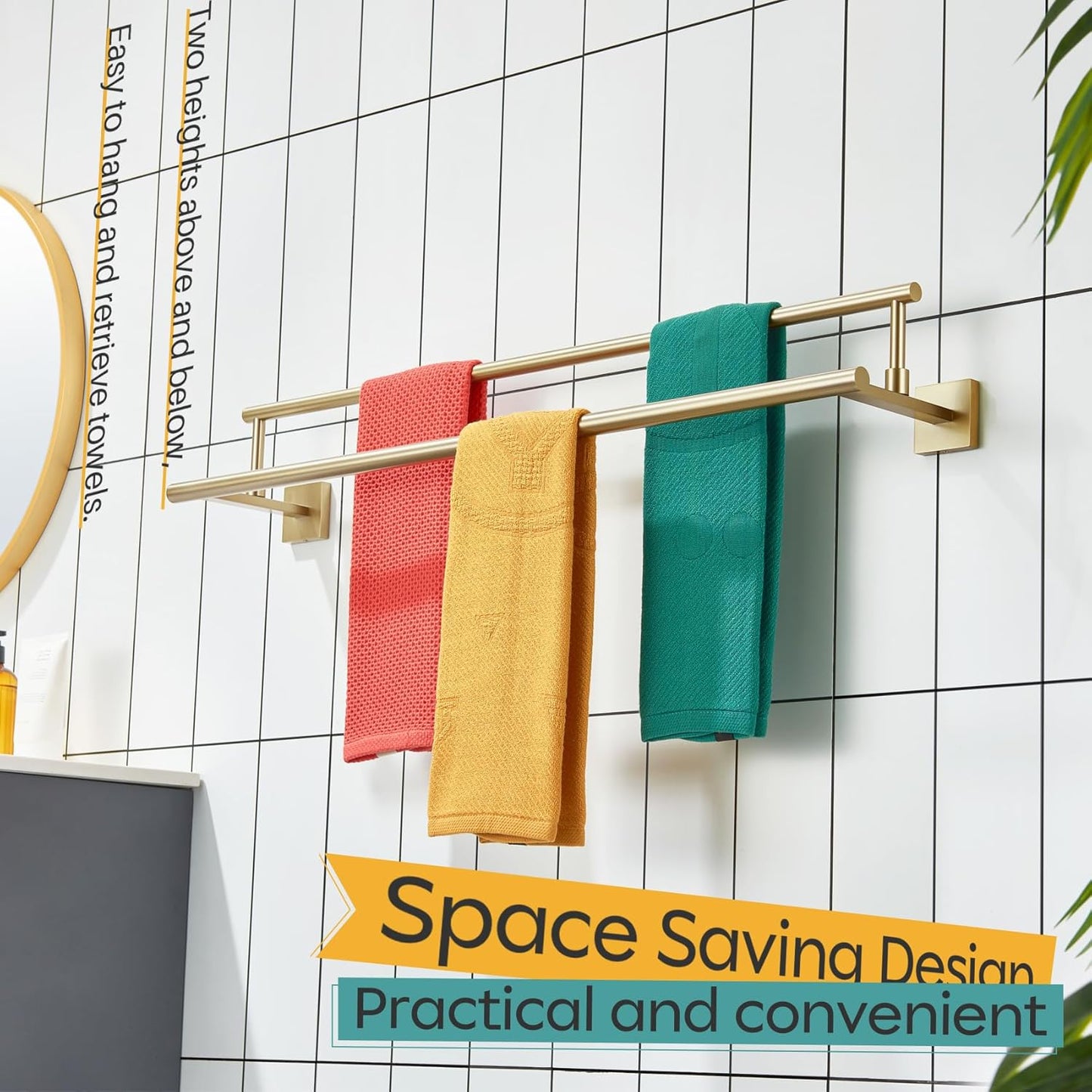 KOKOSIRI Bath Towel Bars 32-Inch Double Towel Rails Overlength Bathroom Racks for Cabinet Kitchen Brushed Gold Stainless Steel B5009BG-L32