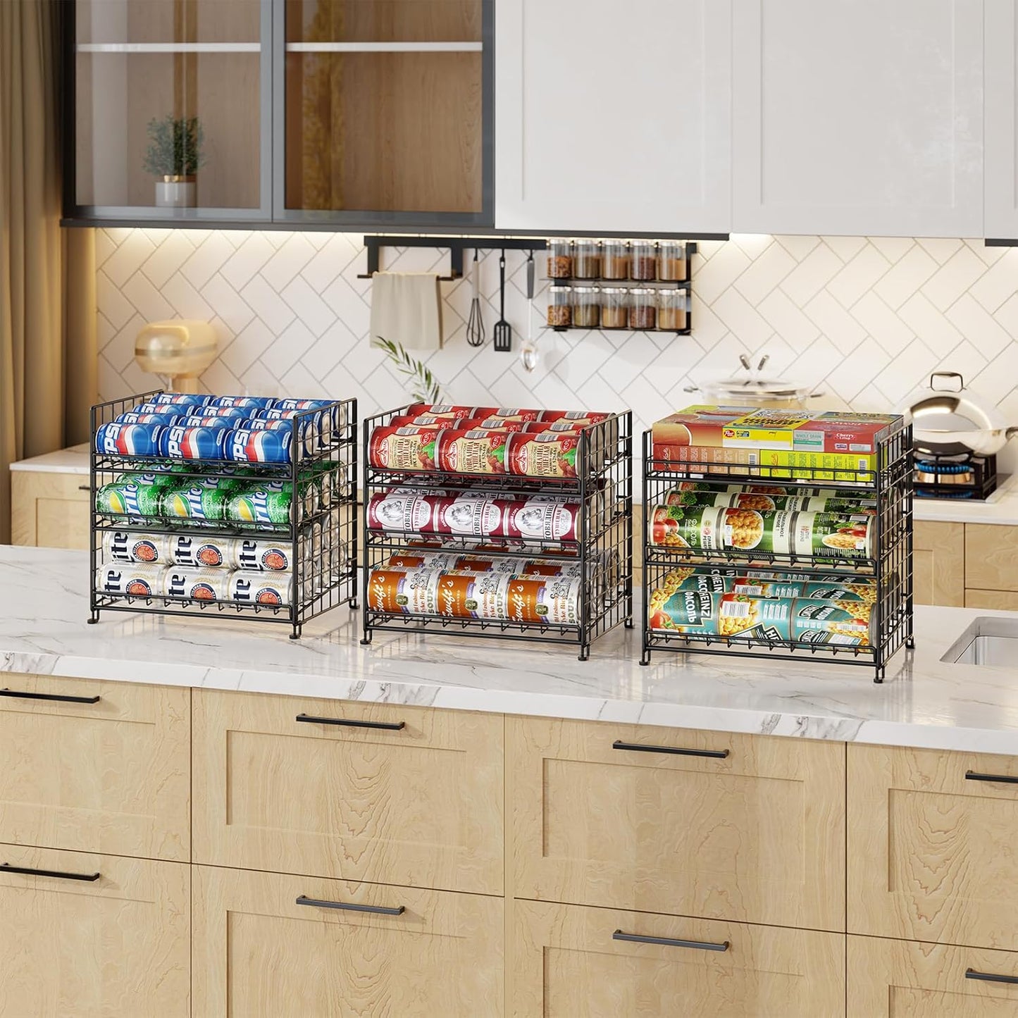 JKsmart 3-Tier Stackable Can Organizer, Storage Can Rack for Kitchen Pantry Cabinet, Holds Up to 72 Cans, Multifunctional Can Dispenser for Snacks Soda