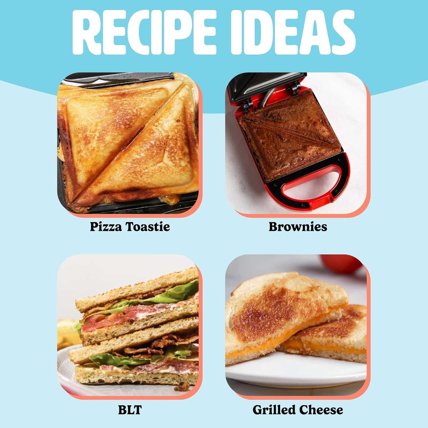 Tasty Mini Sandwich Maker, Makes Sandwiches, Paninis, Grilled Cheese, Desserts, Quick Results, Easy Cleanup, 600W, Red