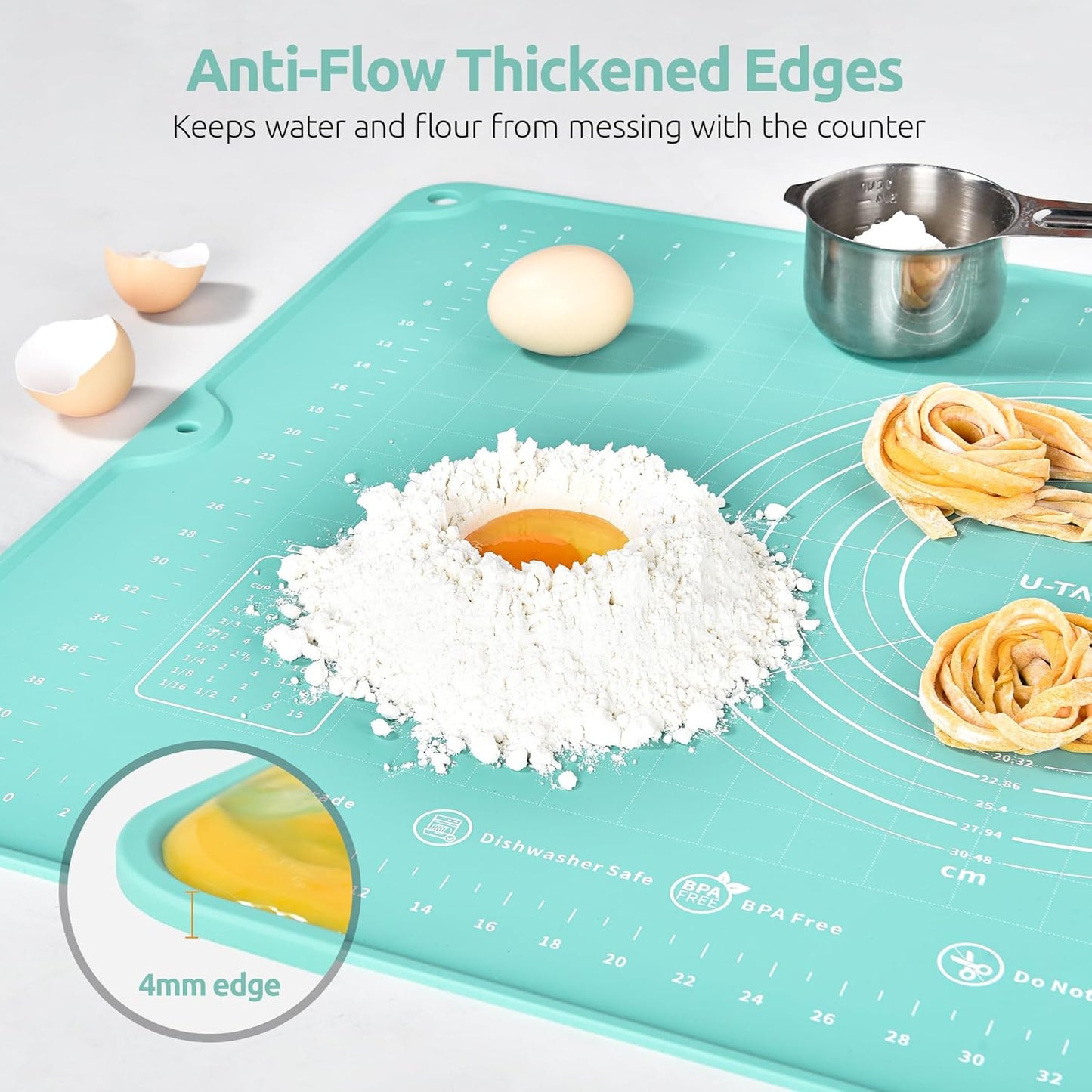 U-Taste 28"x20" Large Pastry Mat: Food-Grade Liquid Silicone Dough Rolling Baking Sheet, Non-Stick Non-Slip for Kneading, Making Pizza, Fondant, Pie with Clear Measurement and Raised Edges (Aqua Sky)