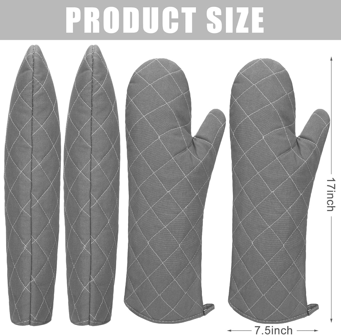2 Pairs 17 Inch Extra Long Oven Mitts Heat Resistant Cotton Lining Oven Thick Gloves Kitchen Food Service Mittens for Pot Holders Cooking Baking BBQ, up to 482f (Grey)