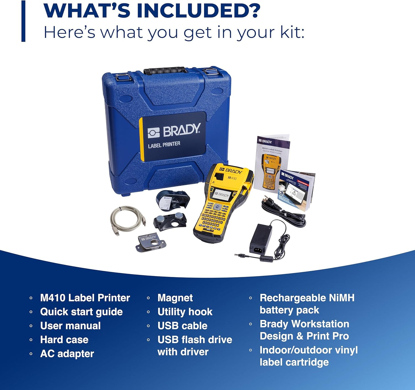 Brady M410 Handheld Portable Label Printer Kit with Safety and Facility ID Software, Carrying Case, Rechargeable Battery and Charger, Magnetic and Utility Holders, 11.5" H x 6" W x 3.5" H