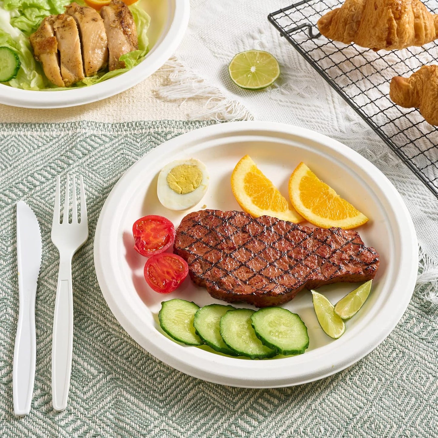 Vplus 150 Pack Paper Plates 9 inch 100% Compostable, Heavy-Duty Disposable Paper Plates Bagasse Natural Biodegradable Eco-Friendly Sugarcane（White）