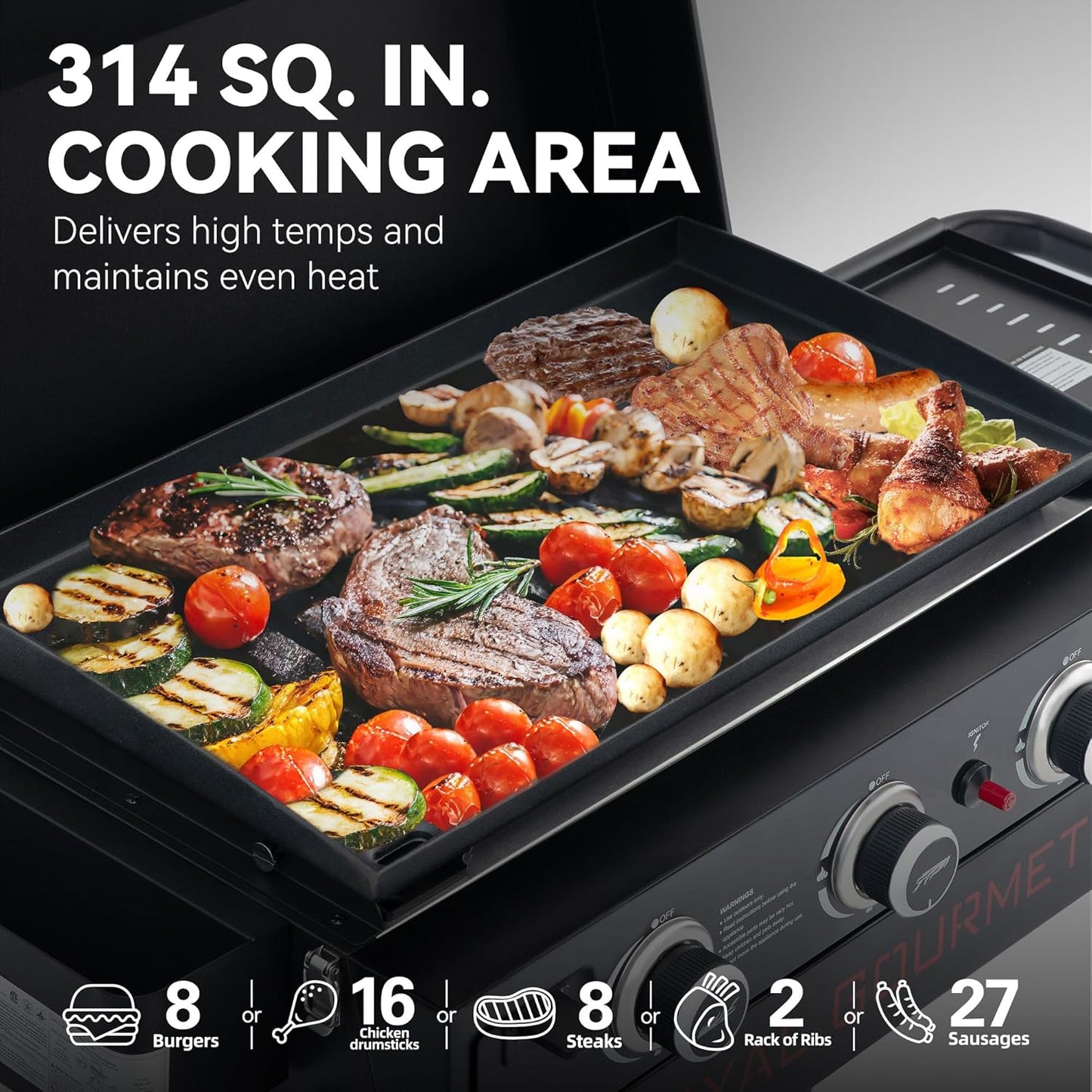 Royal Gourmet PD3001 3-Burner Propane Gas Griddle with Collapsible Stand, 23-Inch Portable Griddle with Side Table & 314 Sq. In. Cooking Area for Camping, Tailgating, Backyard & Patio, Black