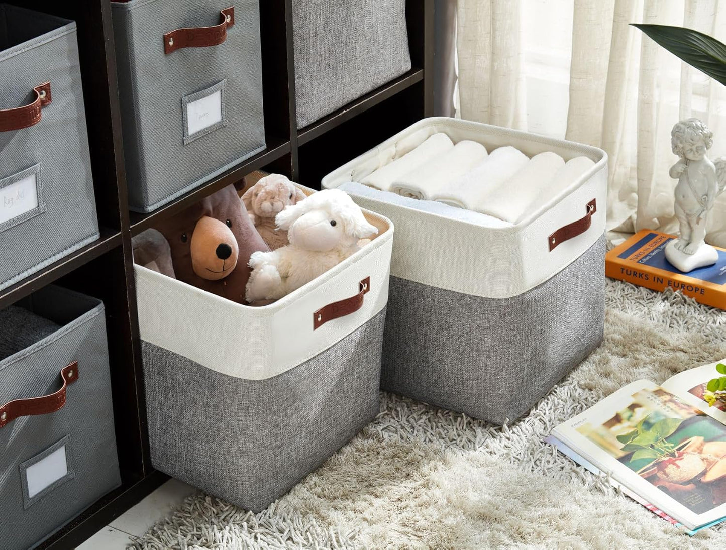 DECOMOMO Storage Cubes, 11x11 Cube Storage Bins, Baskets for Shelves (Grey & White, Cube 11" - 4 Pack)