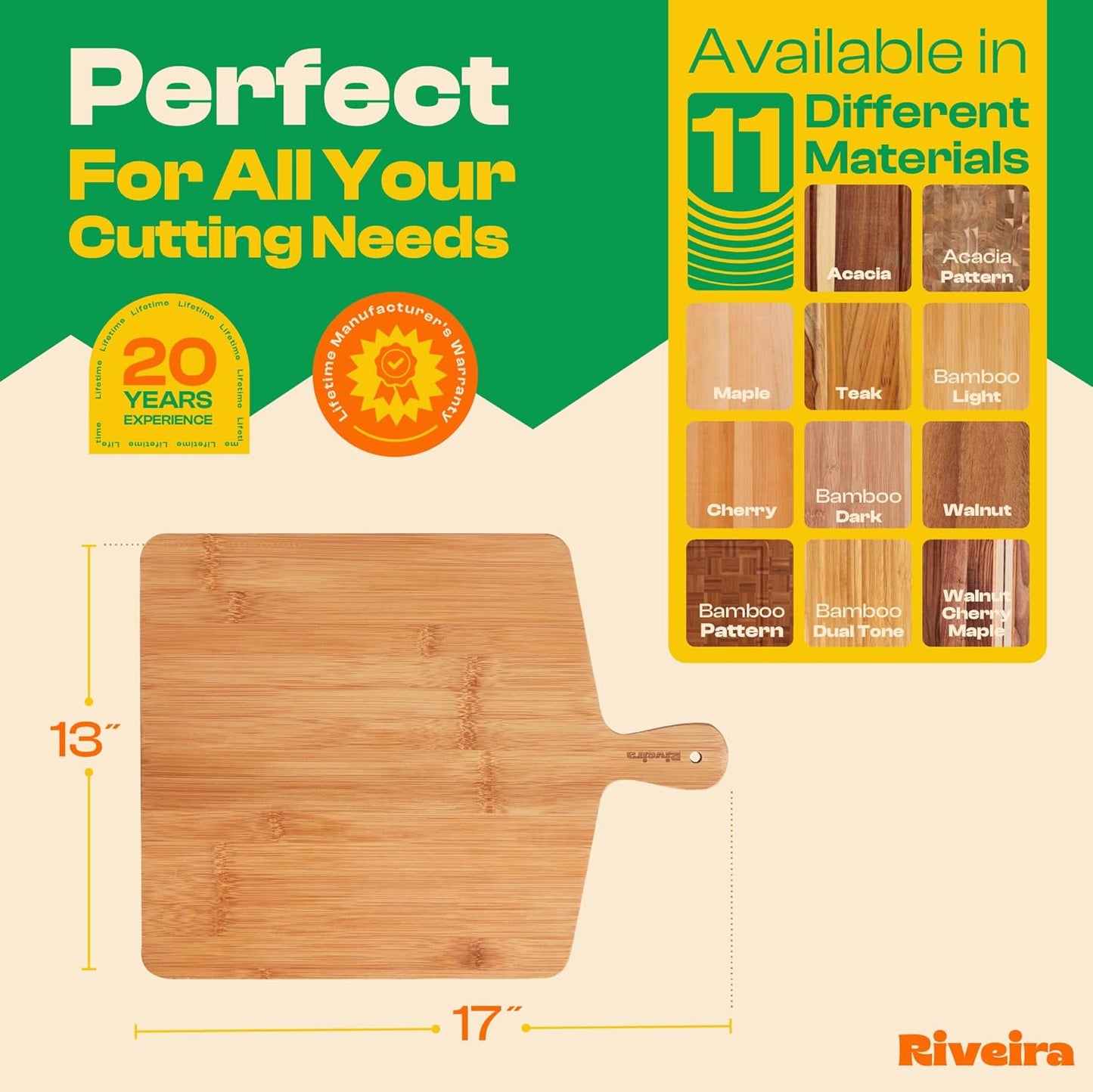Riveira Brown Bamboo Wood Cutting Board – Gourmet Bamboo Grandeur: 17 x 13 Wooden Cutting Board – Wooden Cutting Boards For Kitchen Decorative – Innovative Juice Grooves Wooden Chopping Board