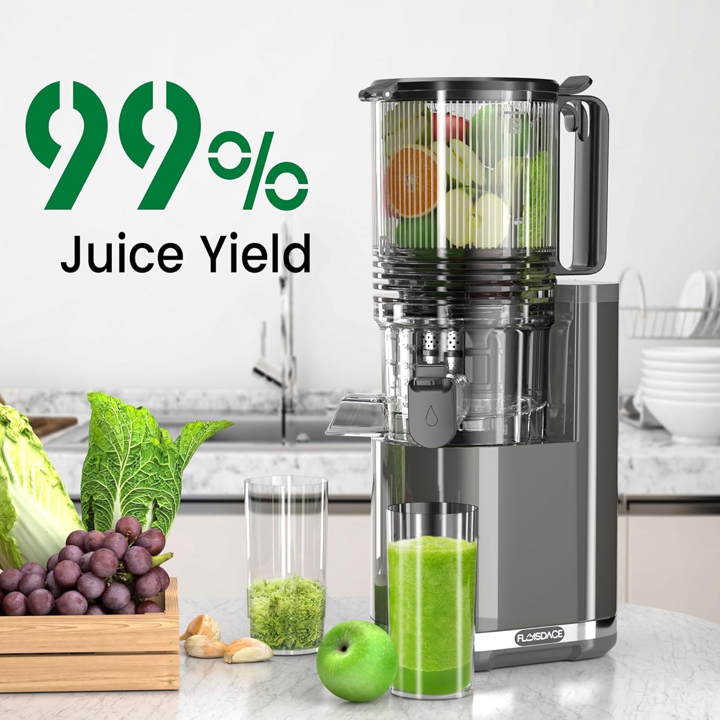 J8 Cold Press Juicer, 6.5" Extra Wide Feed Chute Juicer Machines, 350W Slow Juicer Machines with High Juice Yield for Whole Vegetables & Fruits, BPA Free (Titanium Gray)