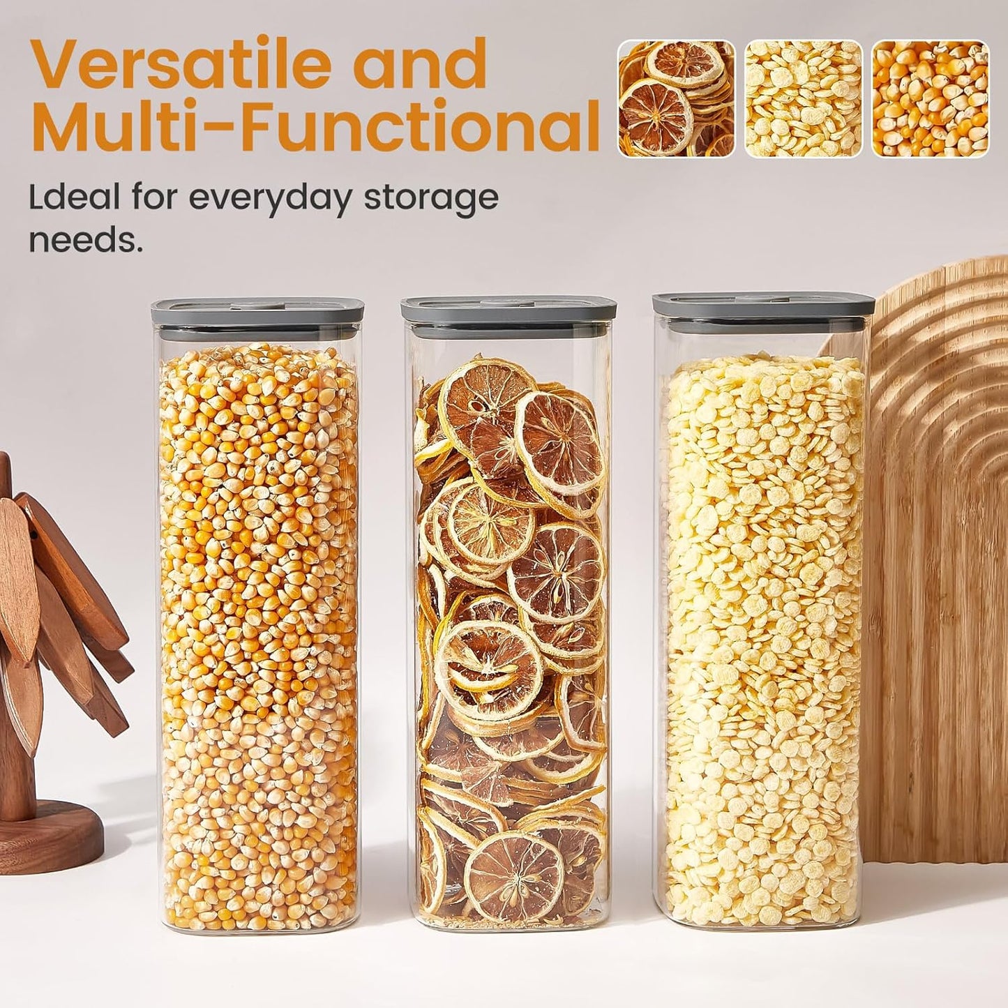 Square Glass Food Storage Jars with Lids[Set of 3], Perfect for Pasta, Cookies, Nuts, Coffee, Cereal, Flour, Organize Your Kitchen with these BPA-Free Glass Jars with Silicone Lids