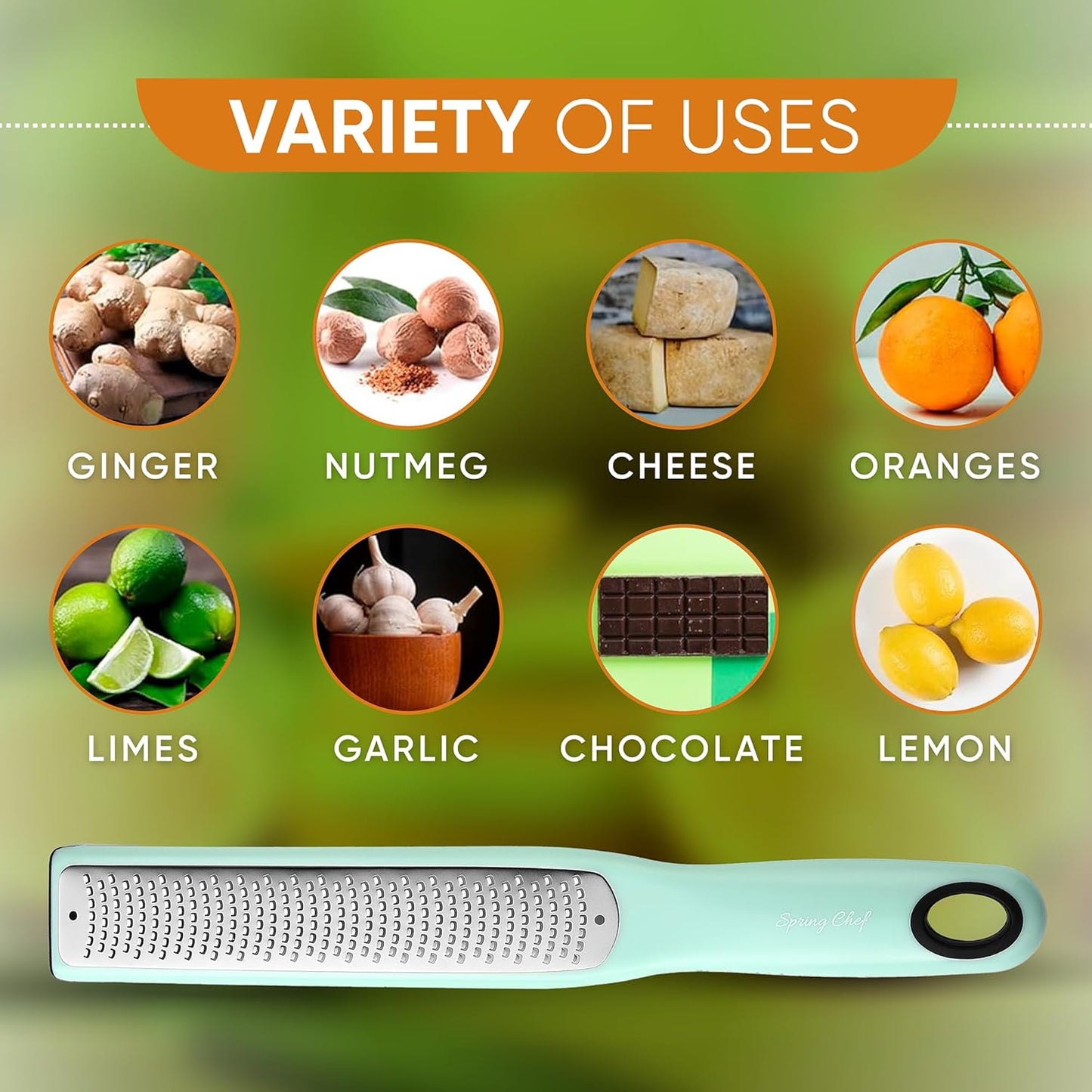 Spring Chef Premium Lemon Zester Grater with Handle - Fruit, Garlic, Lime, Orange, Nutmeg, Garlic Grater - Heavy Duty Kitchen Tool - Stainless Steel Citrus Zester with Blade Cover - Fine Shred, Mint