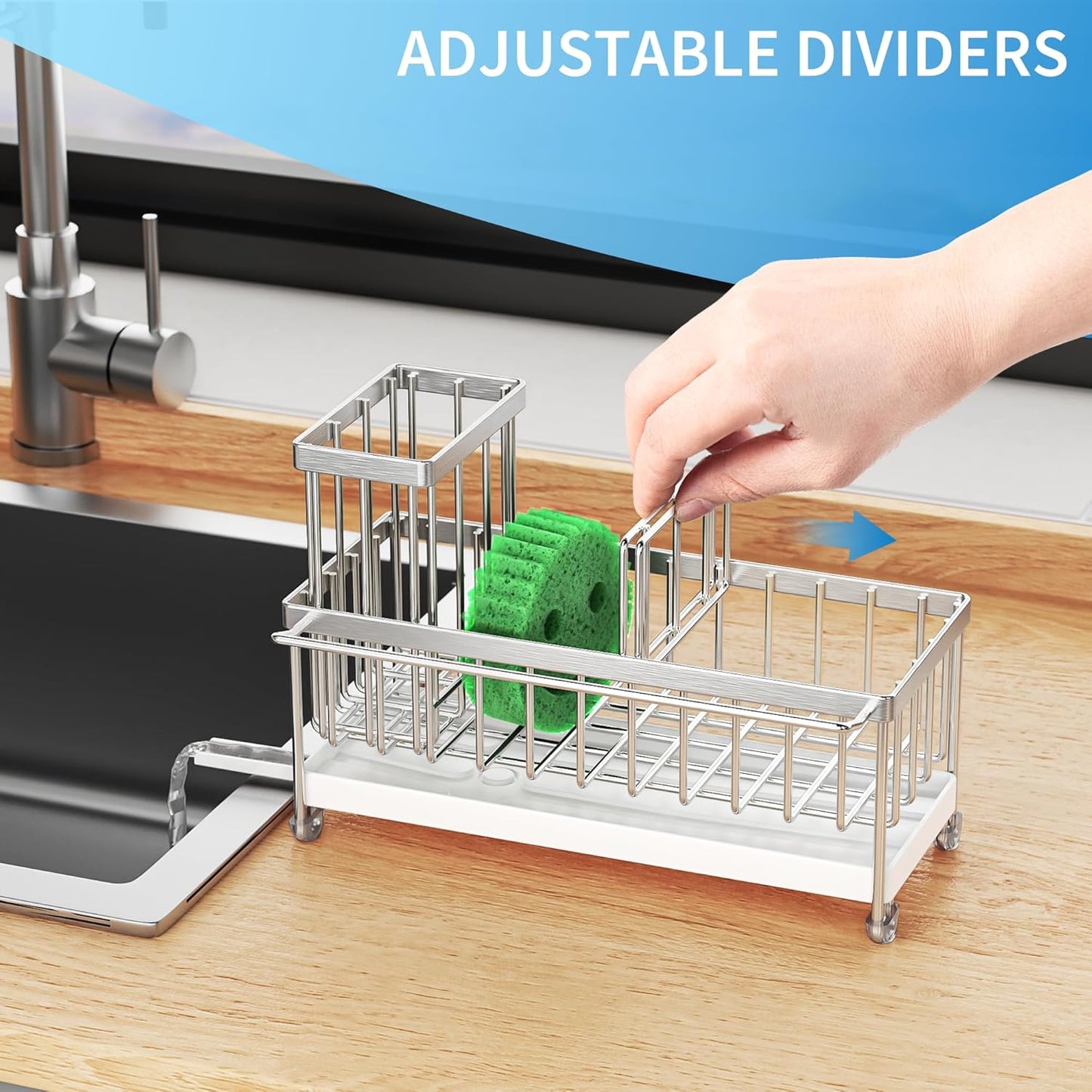 Cisily Stainless Steel Sponge Holder for Kitchen Sink with Towel Rack, Sink Caddy with Kitchen High Brush Holder, Organzier Rustproof 304 Stainless Steel Dish Organizer Divider, Soap Dispenser Storage