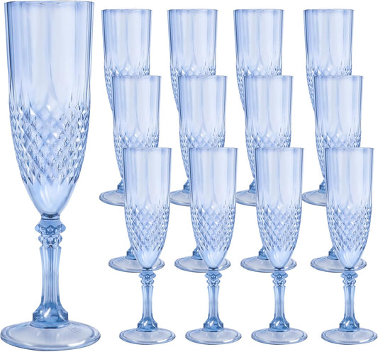 Plastic Champagne Flutes, 12PCS Blue Plastic Wine Glasses Goblets Reusable Champagne Flute for Weddings, Bachelor Parties, Toasting, and Events (12, Blue)