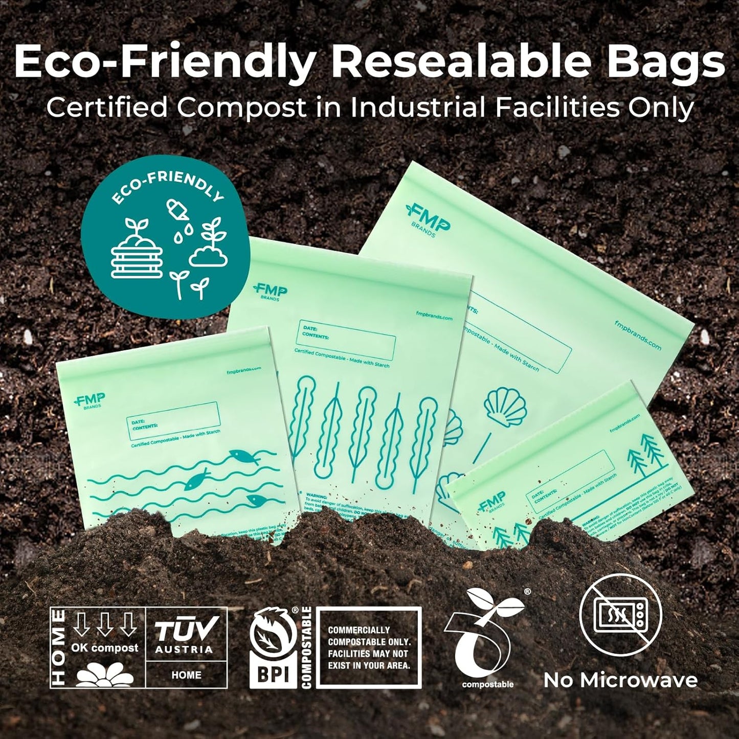 Fit Meal Prep 100% Compostable Food Storage Bags Set, Resealable Bags Plant-Based Freezer Bag for Food, ASTM D6400, US BPI & EU OK Compost Certified