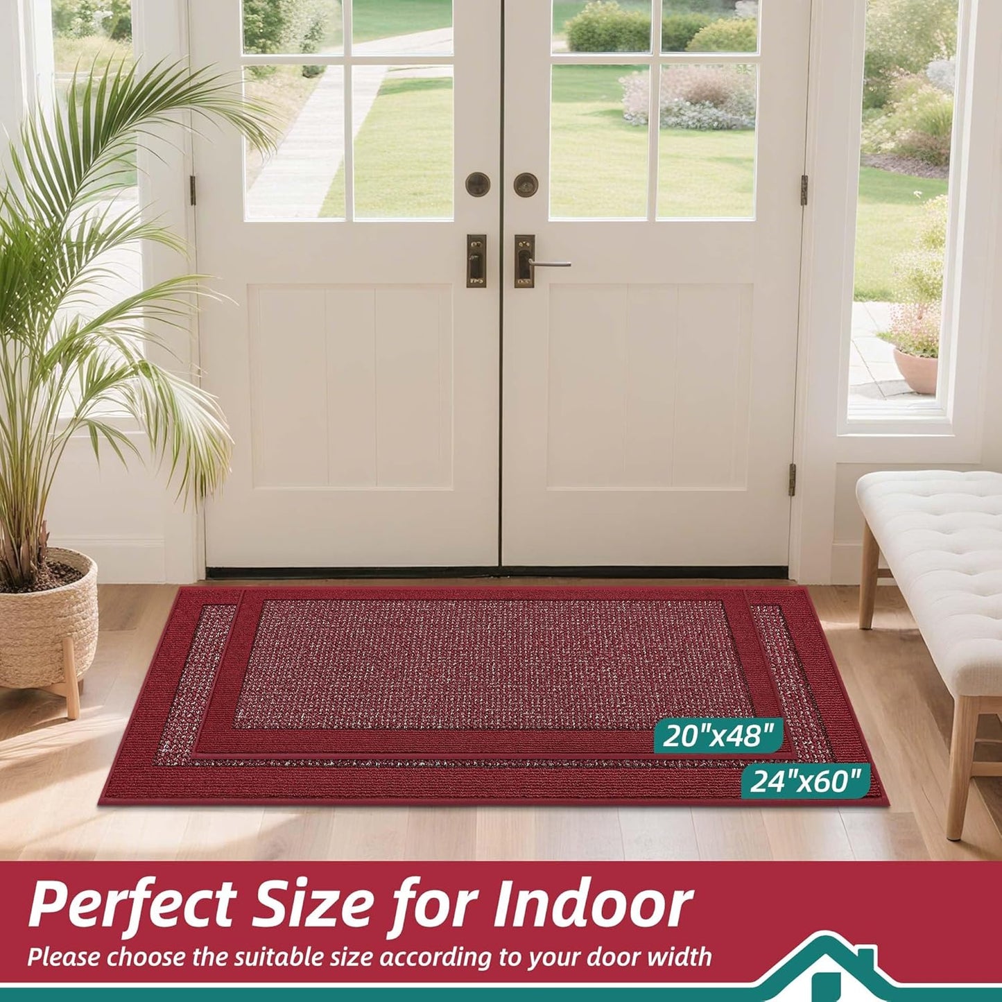 BEQHAUSE Indoor Door Mat 24" x 60", Dirt Trapper Door Mats Non-Slip Entryway Rugs Washable, Resist Dirt Absorbent Welcome Mat, Low Profile Floor Mats for Front Back Door and Entryway, Red