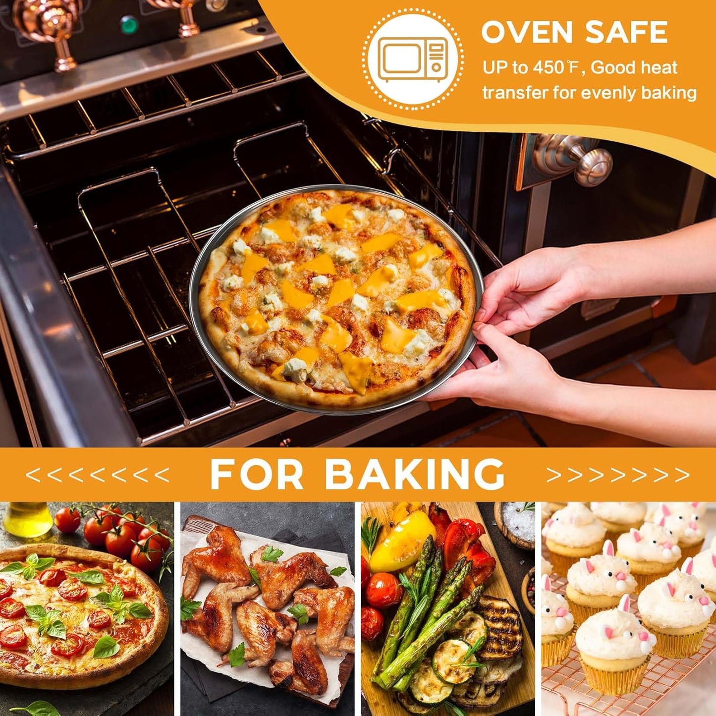 P&P CHEF 10 Inch Pizza Pan, Stainless Steel Round Pizza Tray Baking Pans, Pizzas Plate Serving Tray for Cookie Meat, Oven & Dishwasher Safe & Easy Cleaning, (Mirror Finish) - 4 Pieces