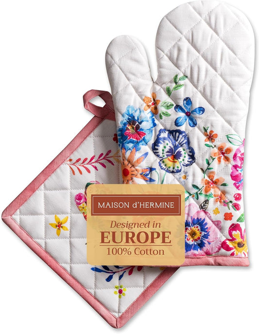 Maison d' Hermine 100% Cotton Oven Mitt & Pot Holder Set (7.5"x13" & 8"x8") Heat Resistant BBQ Cooking Gloves with Loop, Grilling, Kitchen, Handling Hot Pan Spring/Summer (Happy Florals - High Summer)
