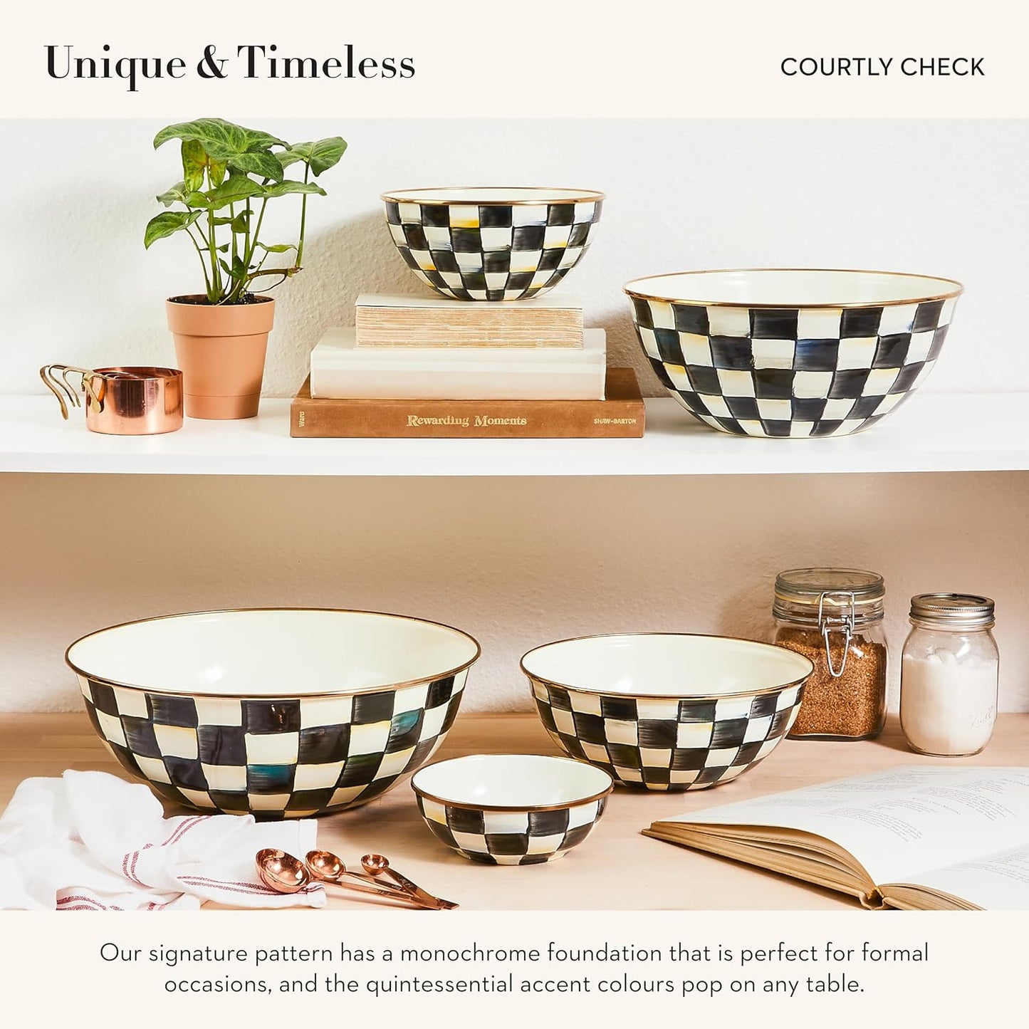 MACKENZIE-CHILDS Enamel Everyday Bowl, Serving Bowl for Entertaining, Extra-Large, Black-and-White Courtly Check, Set of 1