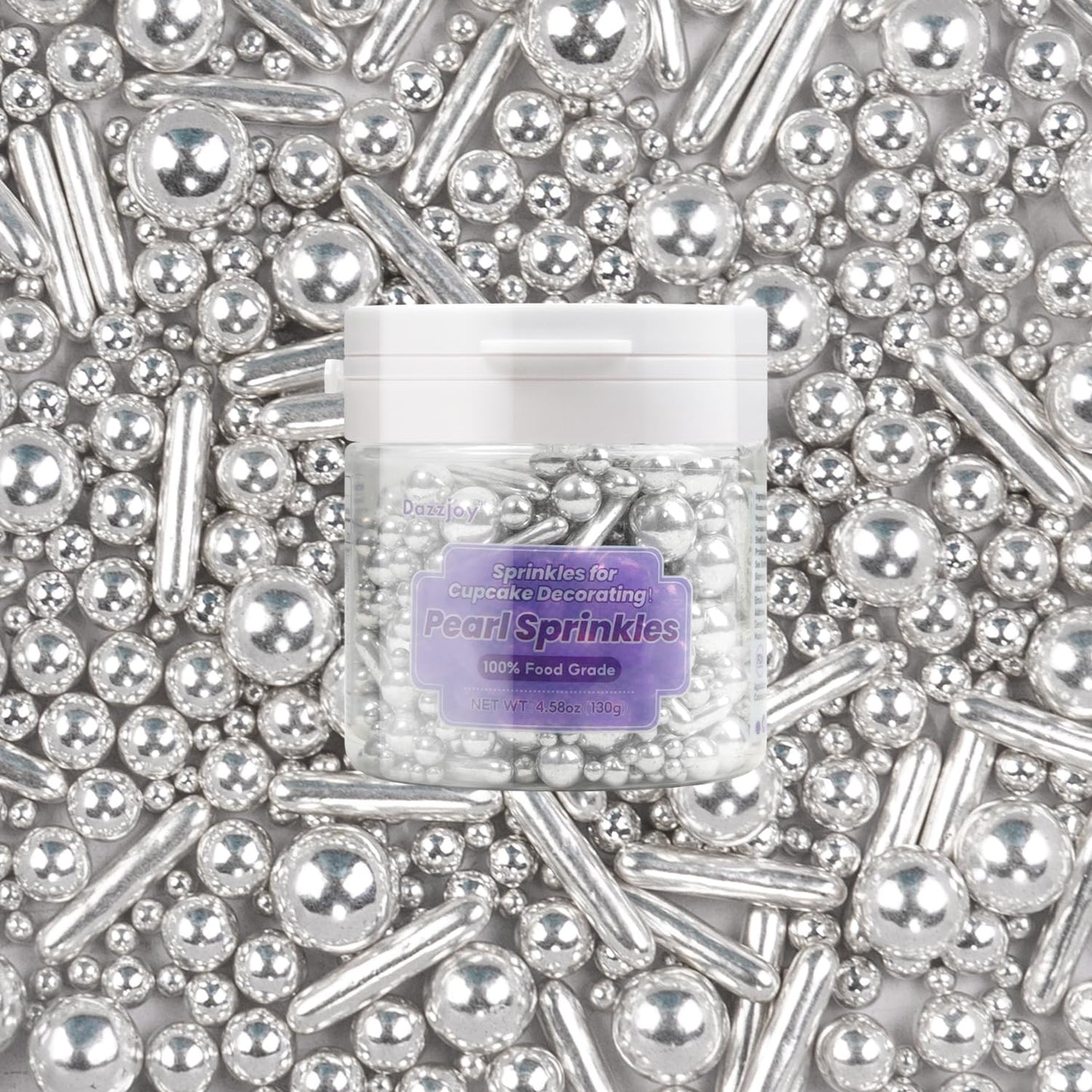 Dazzjoy Silver Pearl Rods Sprinkles, 130g/4.58oz, Mix Size, Pearl Sprinkles for Cupcake Decorating, Cupcake Toppers, Cake Decorations, Ice Cream, Wedding Party Valentines Easter Supplies