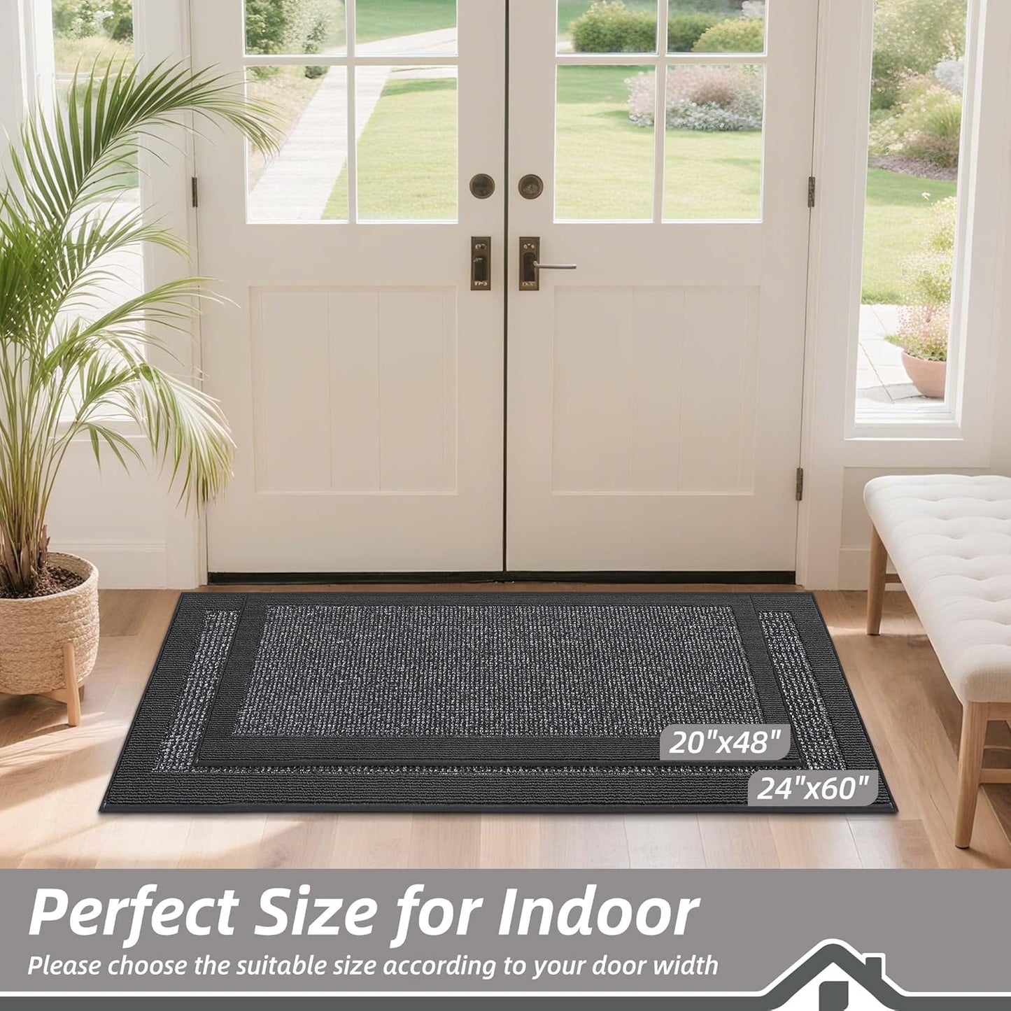 BEQHAUSE Indoor Door Mat 24" x 60", Dirt Trapper Door Mats Non-Slip Entryway Rugs Washable, Resist Dirt Absorbent Welcome Mat, Low Profile Floor Mats for Front Back Door and Entryway, Charcoal